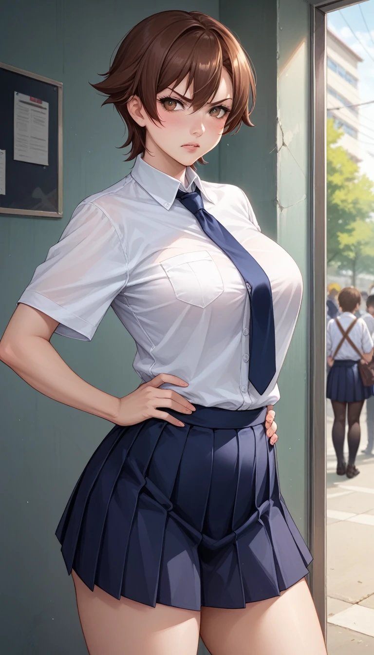 ((masterpiece)),(((Best Quality))),((character design sheet)), ((full body view)) illustration, Catalogue of sex slaves,1 girl, thick thighs, anime girl with a big belly in school uniform, a hyperRealistic schoolgirl, Fubuki, soft anime cg art, Ilia Kuvshinov. 4k, Moe anime art style, hyperRealistic schoolgirl, Kantai Collection Style, Makoto Shinkai. High detail, Realistic schoolgirl, makoto shinkai and artgerm,
angry expression, short straight hair with bangs, white button-down shirt, Dark blue tie, black pleated skirt, without visible accessories, standing posture, hands on the hips, looking slightly to one side, clear and smooth skin, indoor environment, Blurry urban buildings visible through windows, natural lighting, right light, soft shadows, tense atmosphere, slightly from bottom to top, sharp focus on the subject, well balanced exposition.