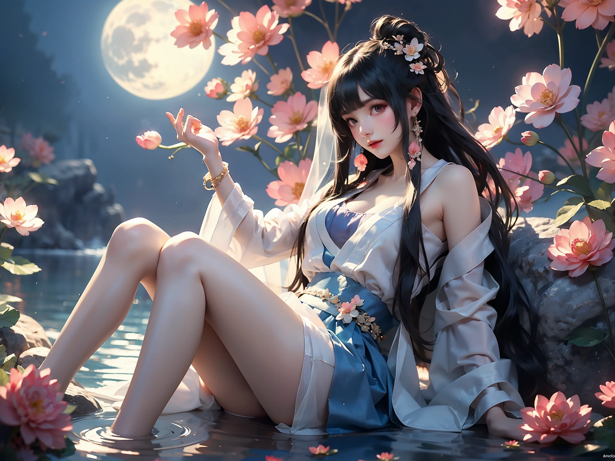 type 95 sbzql,
Hanfu, chinese clothes, sash, headband, dress, see-through,long sleeves, earrings, jewelry, anklet, bracelet,dudou,tube dress,camisole under clothes,
long hair, hair ornament, bangs, (High quality details), 1 Girl, solo, Young women, Elegant Posture, ((night, moonlight)), (Female figure，Lie flat in the water，Relaxed expression), (Focus on natural body posture and correct anatomy:1.3), (Perfect leg proportions:1.3)，(True and accurate leg shape:1.2), ((Natural leg position)), The skirt is very short, One hand stroked the hem of the skirt, Lift the hem of the skirt, Bare shoulders, Natural posture, Soft expression, Exquisite makeup, Soft blush, Bright Eyes, Soft lips, Flower fairy style, ((Anatomically accurate)), (Real natural legs), Smooth skin, Soft lighting, high resolution, 8K Ultra HD, Clear focus, Professional photography effects, Random elegant scenes, Multi-angle shooting