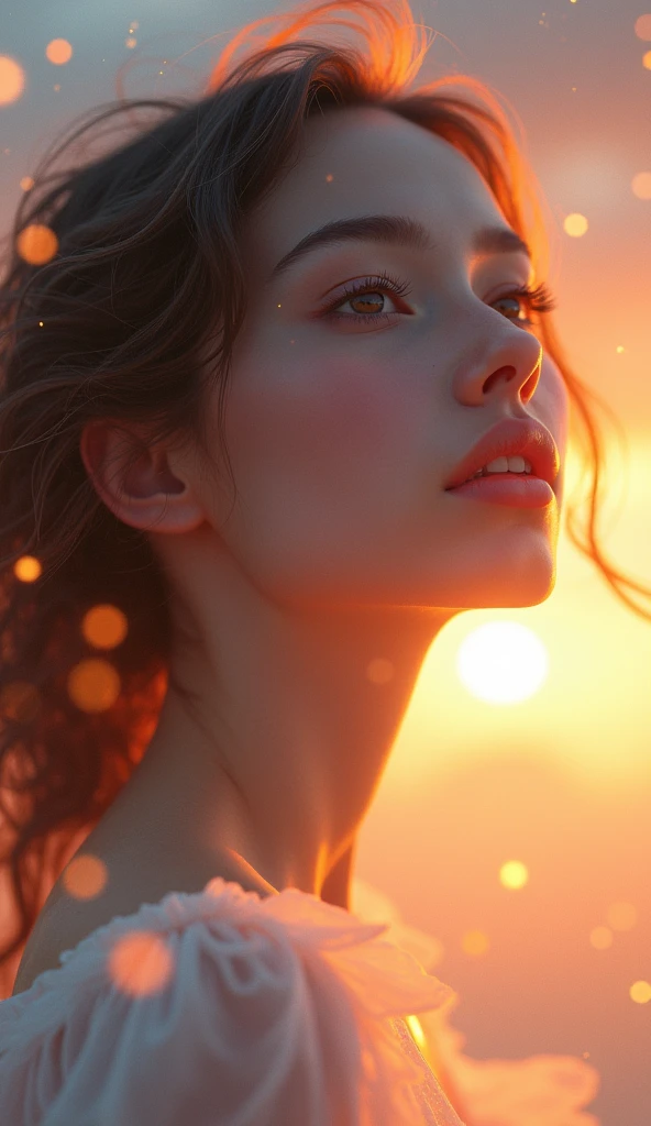 a beautiful girl floating in the sky, close-up, bright, happy, warm soft lighting, sunset, sparks, (best quality,4k,8k,highres,masterpiece:1.2),ultra-detailed,(realistic,photorealistic,photo-realistic:1.37),1girl,beautiful detailed eyes,beautiful detailed lips,extremely detailed eyes and face,longeyelashes,intricate details,ambient lighting,vibrant colors,glowing skin,ethereal,dreamlike,magical realism