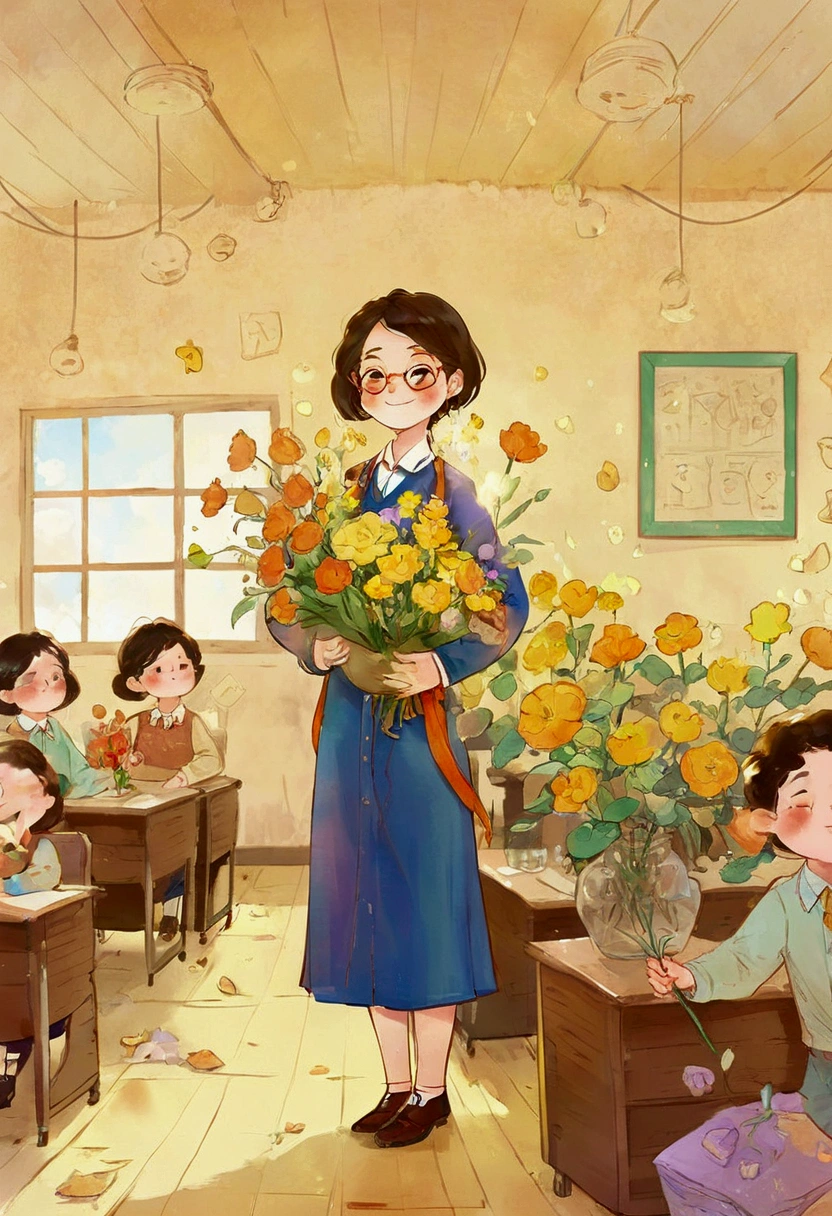 The classroom is filled with sunshine in the afternoon, A teacher wearing glasses happily holds flowers sent by students, warm tone, teacher's character design
