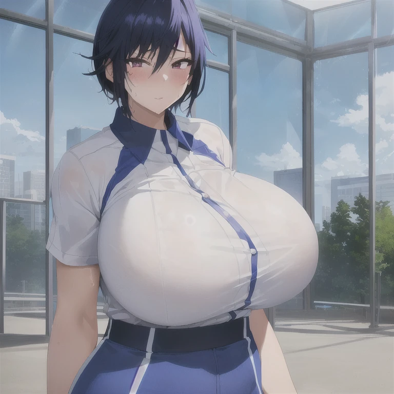 Animated image of a woman in a revealing blue athletics uniform, tits, Naughty anime style, Naughty, Boyish beautiful anime girl, Enchanting anime girl, Big Breasts!!, Real young gravure idol, Anime Moe Art Style, 8k!, High resolution!!, Sweat!!, vapor!!, Tall, Huge Breasts!!!!, Abdominal muscles