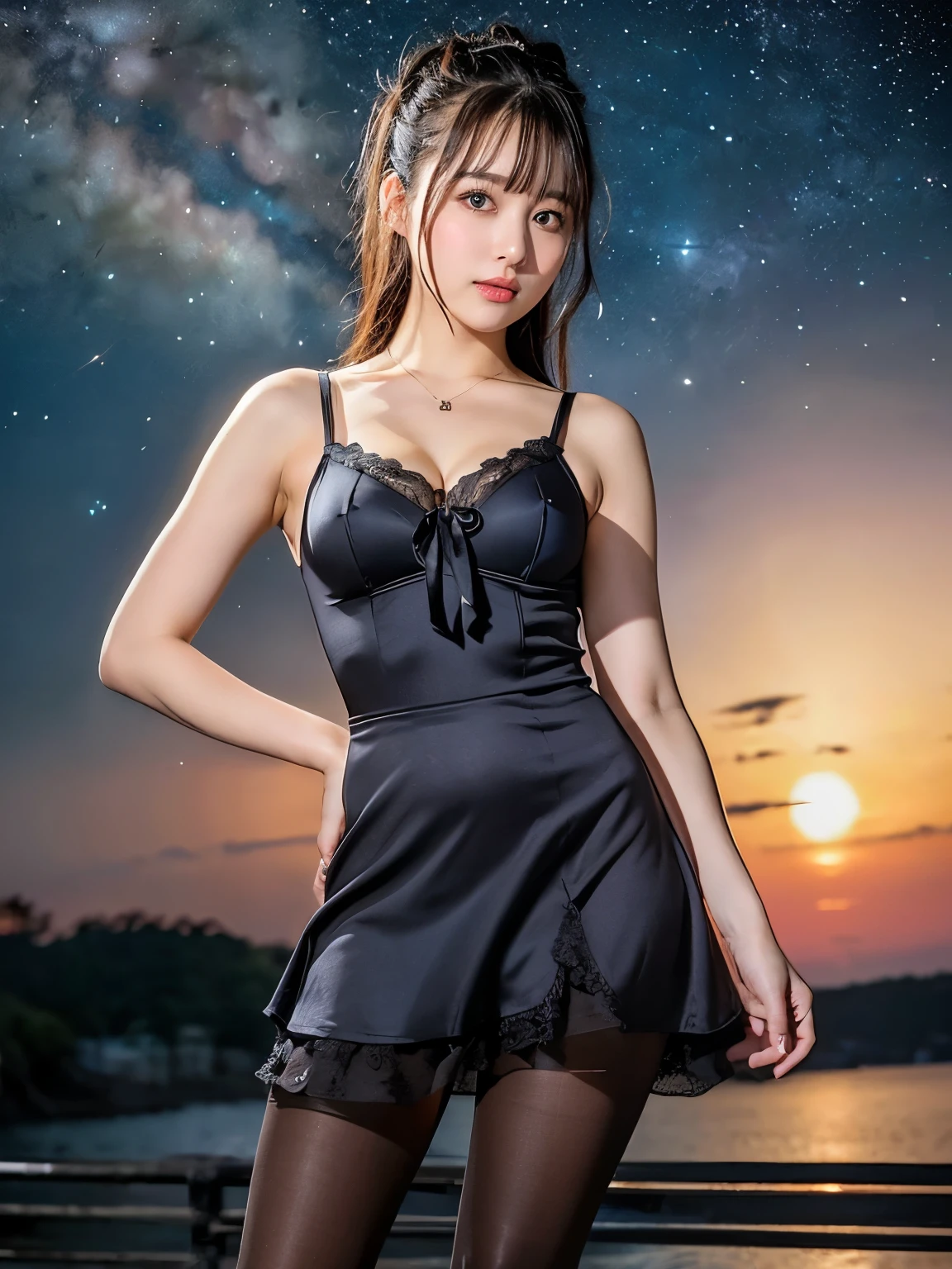 (((masterpiece))), (((Highest quality: 1.4))), ((Very detailed: 1.4)) ,Starry Sky、Seductive beautiful girl、Phenomenal good looks、Beautiful appearance、Popular idol、Starry Skyのフォーカス、(Ultra-realistic pantyhose:1.3), (Flared skirt dress), One piece and pantyhose、Bare thighs!!!