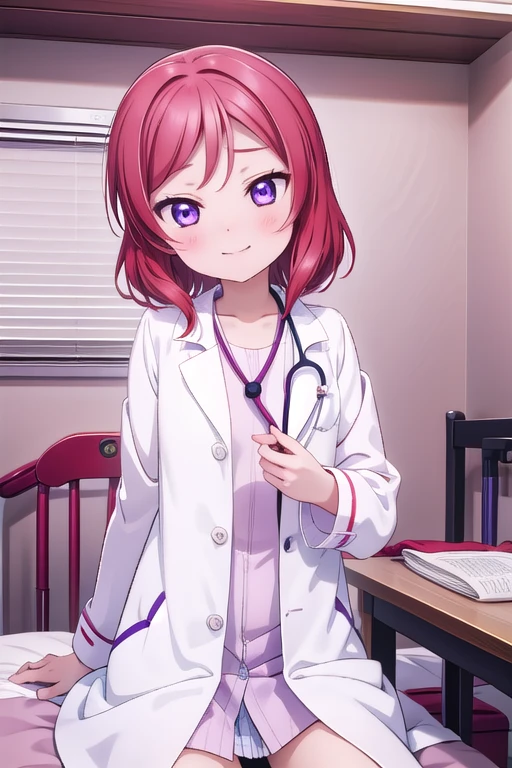 Maki Nishikino、Embarrassed smile、Bedroom、Red hair、Purple Eyes、Long white coat,Wearing a white coat，doctor,Examination room、Put a stethoscope around your neck、Sit in the examination chair、One girl, solo, One girl, 