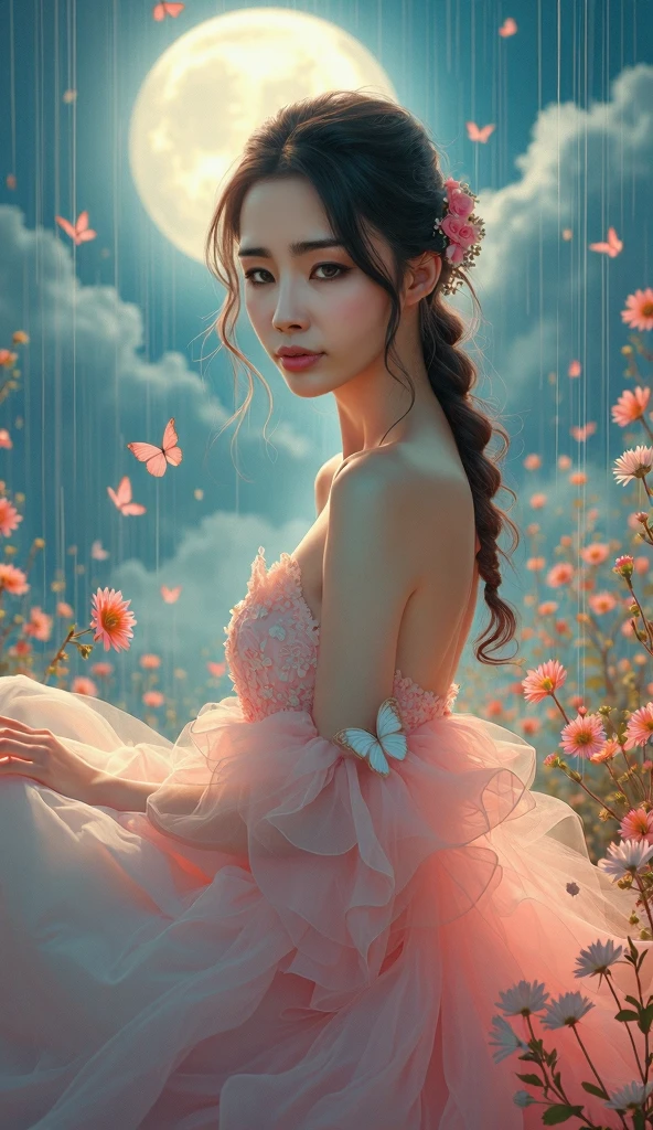 A beautiful girl sitting in garden , around butterflies. Magical night, sky with stars and magical things