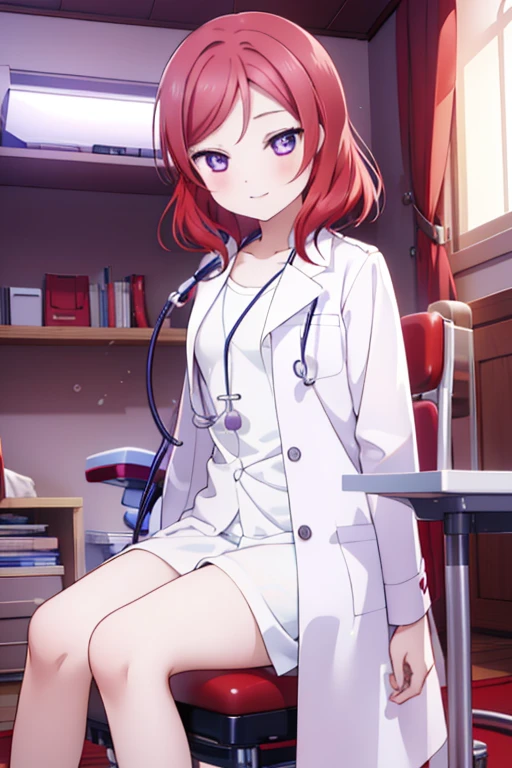 Maki Nishikino、Embarrassed smile、Bedroom、Red hair、Purple Eyes、Long white coat,Wearing a white coat，doctor,Examination room、Put a stethoscope around your neck、Sit in the examination chair、One girl, solo, One girl, 