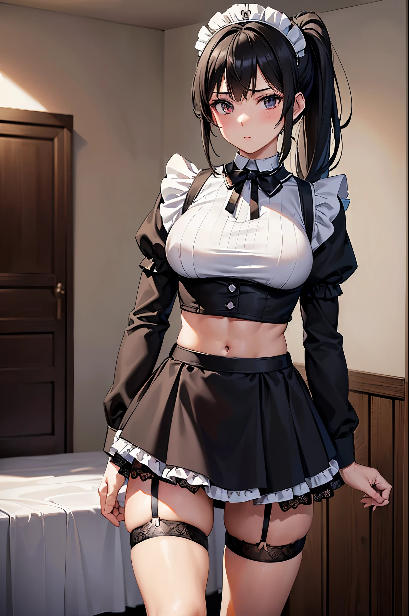 ((((1girl in)))), Sexy Mature Maid, Gradient Hair, heterochromatic eyes, Embarrassed face, nose blush, Blushing, ((Sexy Maid Clothes))、(((Full body shot))), Opaque clothing, different colored eyes, (((Mature)))