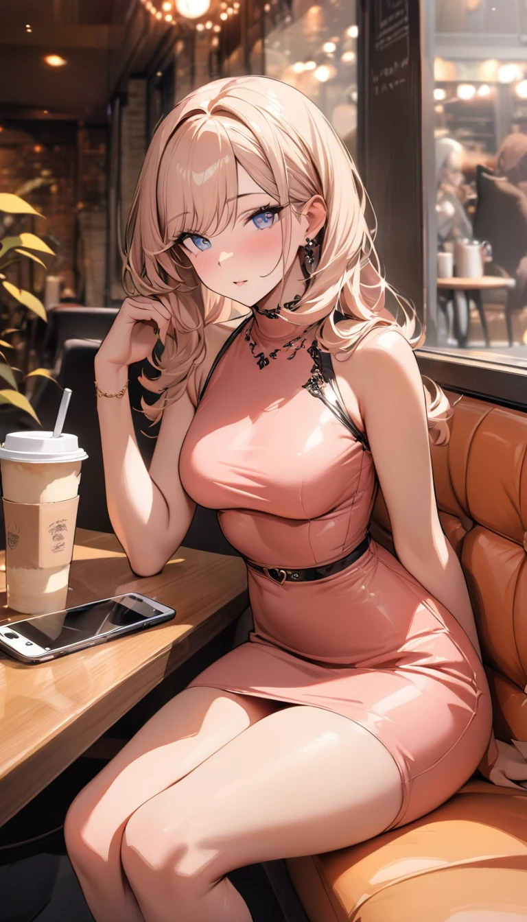 ((Top Quality)), ((Masterpiece)), ((Details)), perfect face, perfect body, fallen leaves background, sitting in a cafe, listening to music, sitting with legs apart, wearing tight clothes, wear a tight skirt, dating, Woman with face visible, glamorous, peach clothe