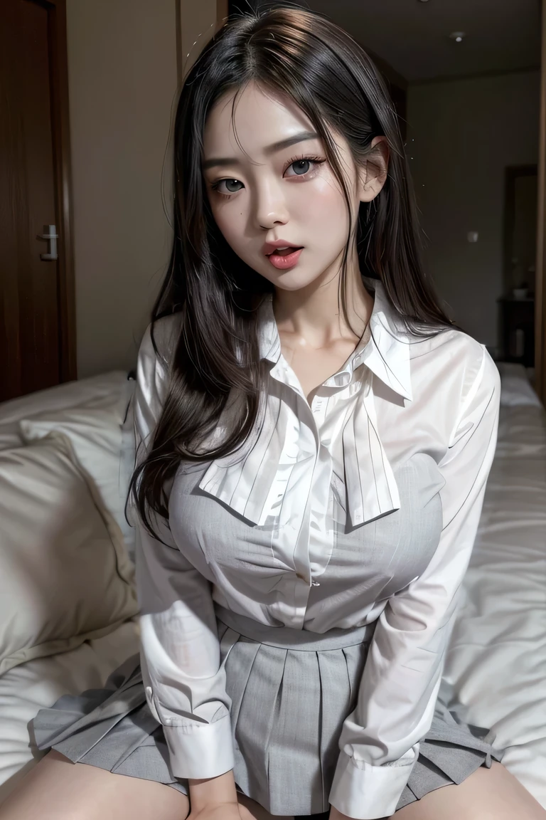 (((masterpiece))),(((high resolution)))、(((8K)))、(((perfect face)))、((beautiful woman))、(((Korean beauty)))、(cute)、(((thighs)))、(((bedroom)))、(((collared shirt)))、(((skirt)))、(((stockings)))、night、big breasts、Plump、embarrassed expression、looking at the camera、NSFW