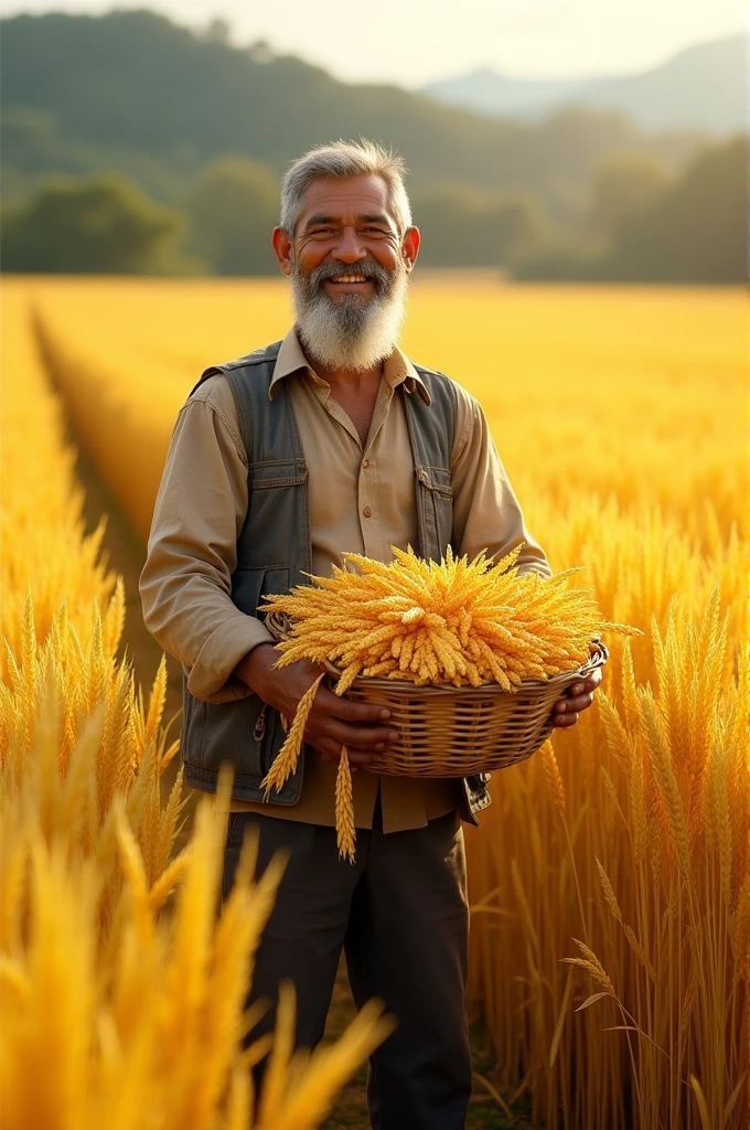 The farmer stands tall, smiling proudly, holding bundles of the golden rice. The background is filled with a vibrant, thriving field, symbolizing the reward of his honesty and perseverance.