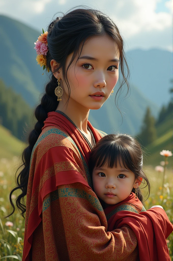 {{Masterpiece, Best quality, Highly detailed CG, Unity wallpaper 8k, Cinema lighting}}, Traditional Chinese ink painting, 1girl, 1baby, Young woman holding a baby, Full body, Ancient architecture, the sky is blue, Sunny day, Wooden architecture, Notable protagonist, He smiles, big eyes, Beautiful detailed eyes, (Big breasts and very, very, very, very, very, very, very, very, very, gigantic body, and a very, very, very, giant body , split), Round ass, Looking at the audience, Long eyelashes,