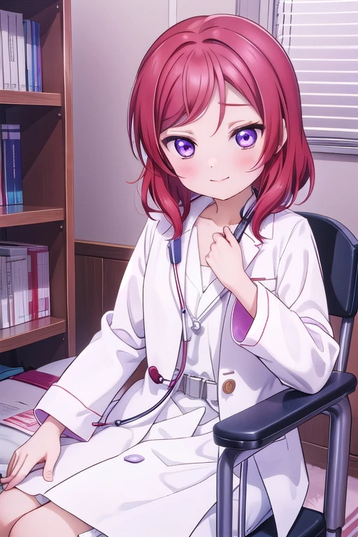 Maki Nishikino、Embarrassed smile、Bedroom、Red hair、Purple Eyes、Long white coat,Wearing a white coat，doctor,Examination room、Put a stethoscope around your neck、Sit in the examination chair、One girl, solo, One girl, 