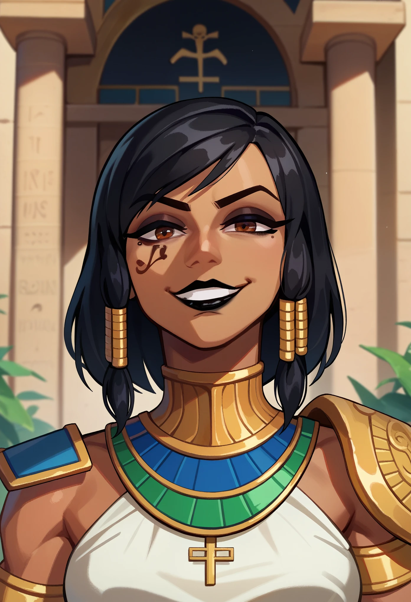 score_9, score_8_up, score_7_up, 1girl, solo, Pharah, brown eyes, (Eye of Horus), (black lipstick), portrait, smug, evil grin, Egyptian clothes, outdoors, Egyptian temple,
