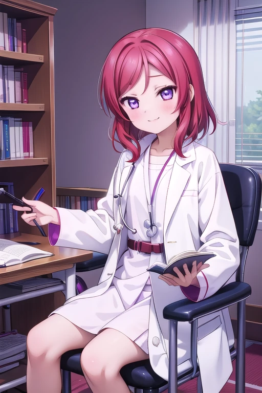 Maki Nishikino、Embarrassed smile、Bedroom、Red hair、Purple Eyes、Long white coat,Wearing a white coat，doctor,Examination room、Put a stethoscope around your neck、Sit in the examination chair、One girl, solo, One girl, 