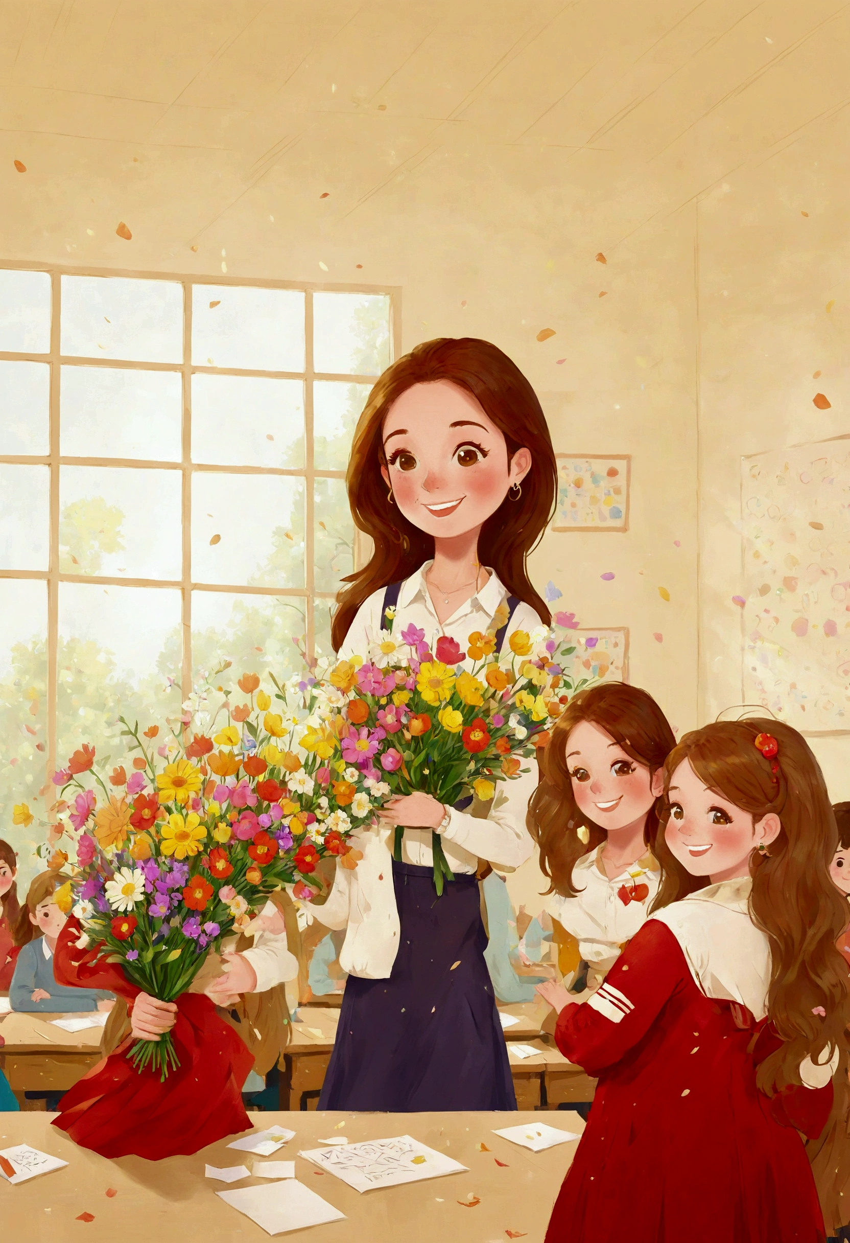 a cheerful teacher holding flowers,teacher in a classroom,sunlight streaming through windows,warm lighting,detailed facial features,beautiful eyes,long eyelashes,warm smile,flowers in the teacher's hands,students in the background,classroom interior,wooden desks and chairs,chalkboard on the wall,afternoon sunlight,warm color tones,vibrant colors,highly detailed,photorealistic,8k,masterpiece