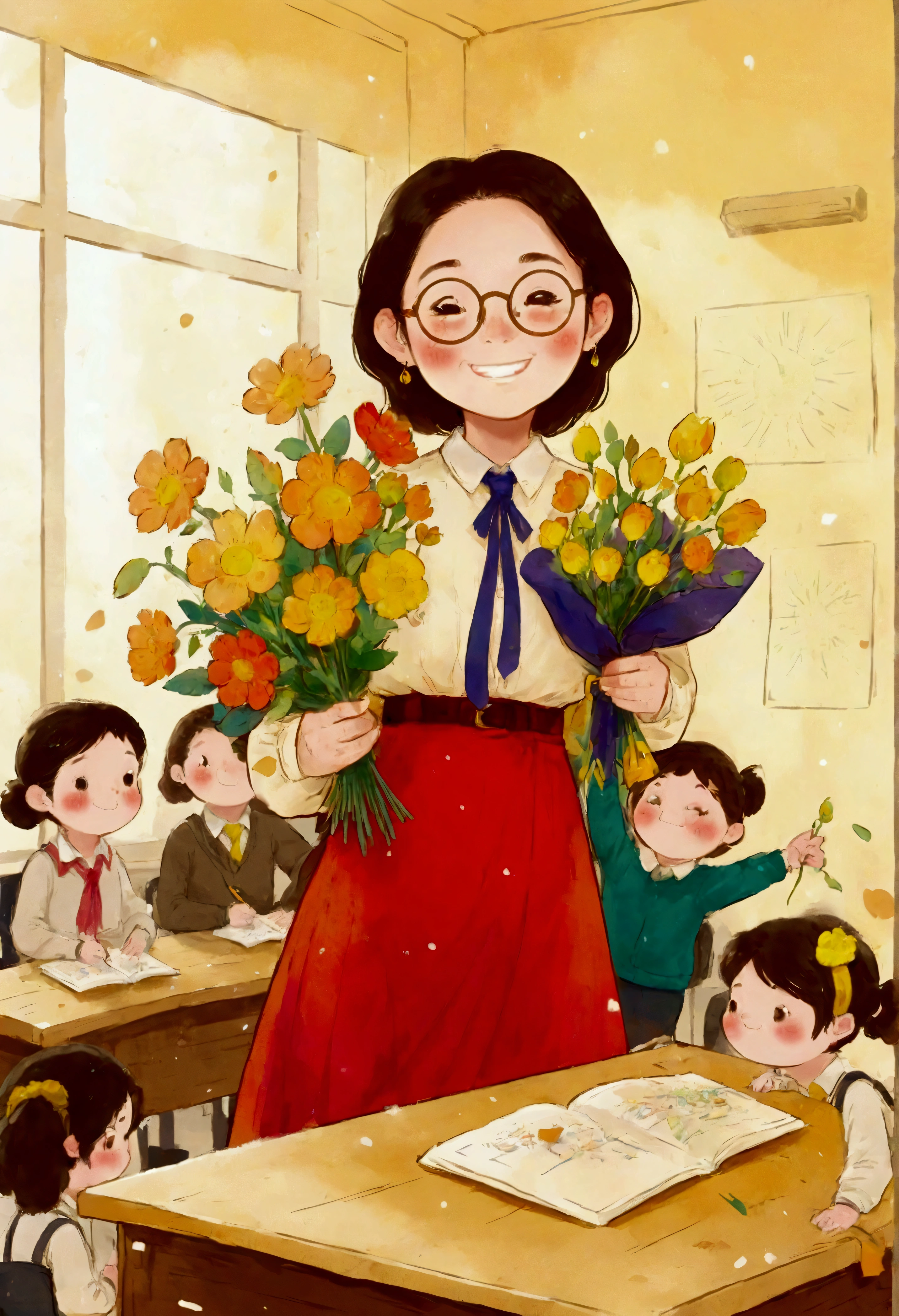 The classroom is filled with sunshine in the afternoon, A teacher wearing glasses happily holds flowers sent by students, warm tone, teacher's character design
