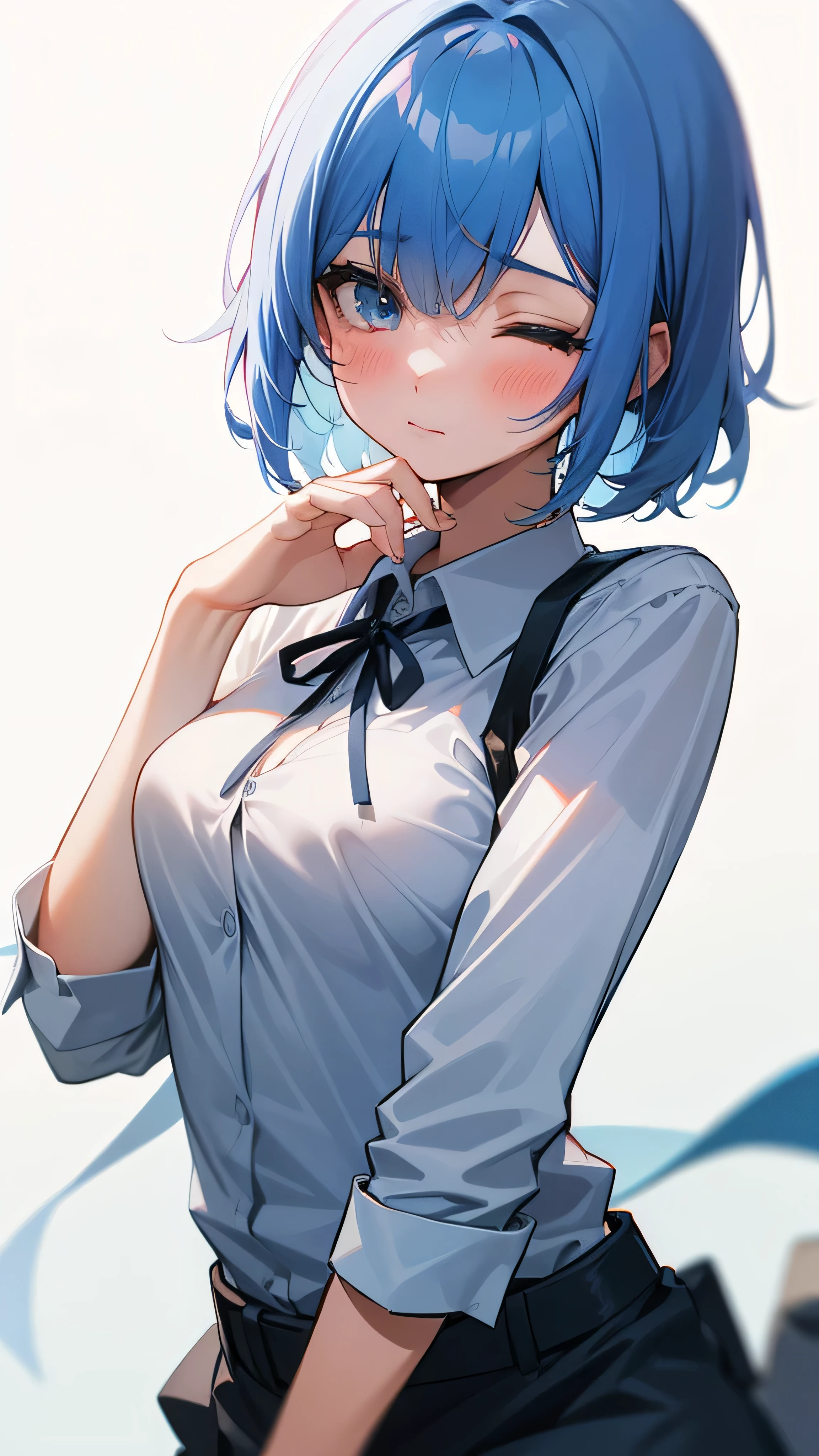 1 Girl, score:safe, Solitary, Ribbon, blue_hair, superior_Body, one_Eye_closure, blush, shirt_Open, breast_aluminum_Air