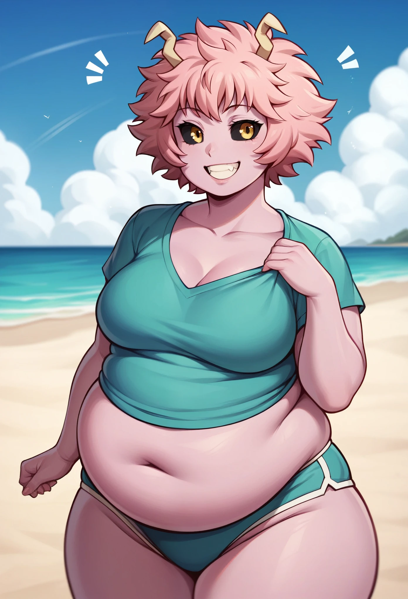 Uraraka,beachfront,alone girl,bikini,fully body,overwhelmingly large belly,bloated belly,belly bloated,round belly,massive belly,bloated belly,incredibly small breasts,small breasts,six little,overwhelmingly large thighs,thick-thighs,