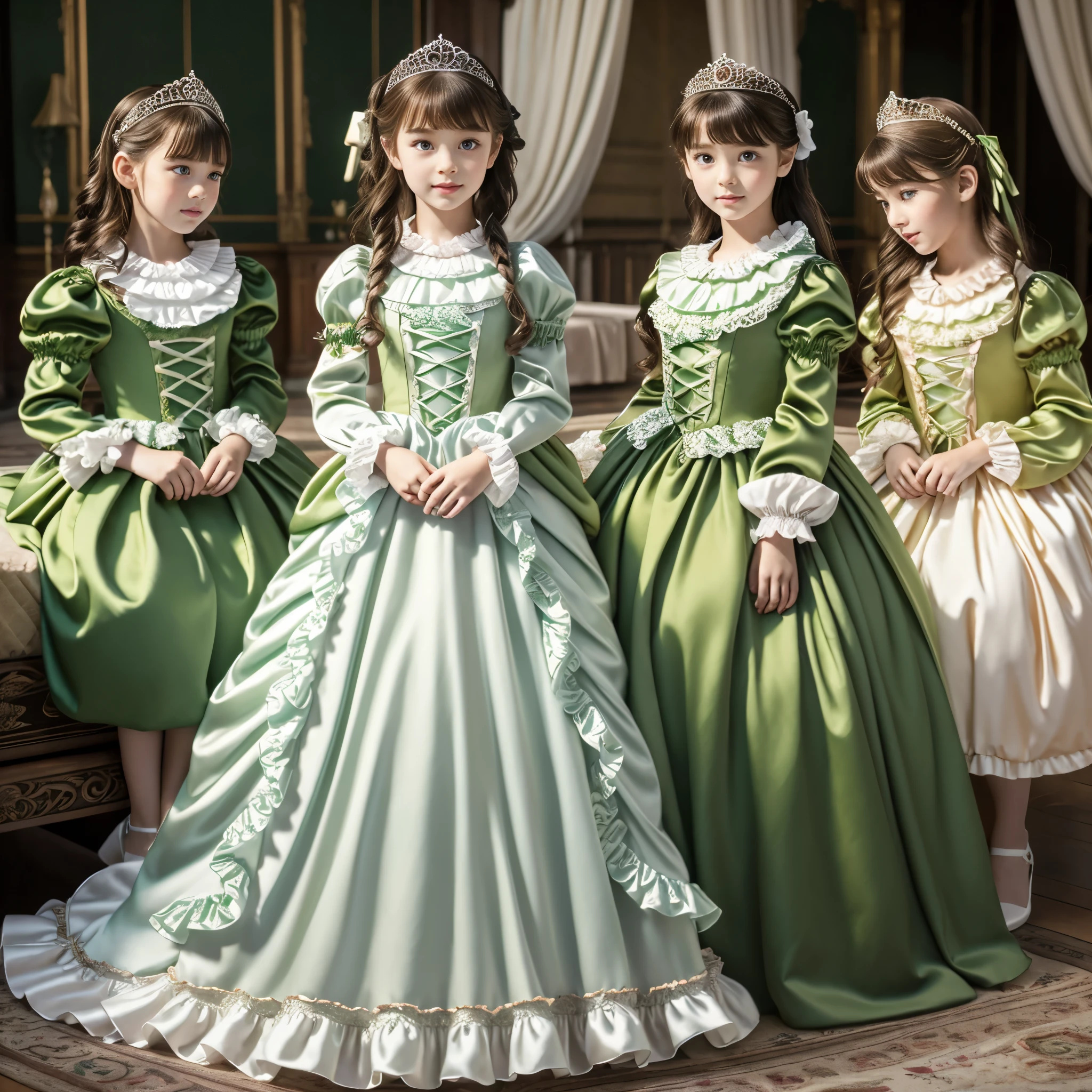 ,highest quality, masterpiece, highest resolution, artwork, super それにget used to it, many get used to it, get used to it, それにget used to it, 3k realistic pictures,,((  girls)),Ultra-detailed juvenile face,three are princesses,full length ball gown dress with hoop skirt,ruffled yoke collar,puff sleeves,long sleeve,((Lolita style green detailed princess satin dress with lots of ruffles and ribbons)),Rococo style lolita fashion,shiny satin dress,Soft and smooth fabric,luxury,long blonde hair,blue eyes,white skin european,Pajama,((in the bedroom)),luxury princess canopy frilled bed,super detailed bed,they are lying on the bed,High-quality background,