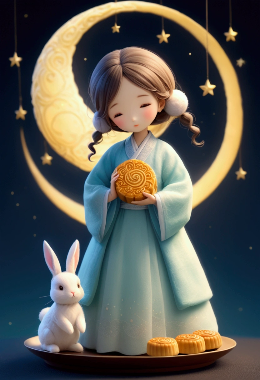 Miniature photography, 3D photography, a cute girl wearing Hanfu. The felt material clothing appears soft and warm under the moonlight, with a glowing moon dancing lightly in the background. Surrounded by a peaceful night sky and hazy clouds, there are sparkling stars. Beside the girl is a huge circular mooncake, which looks sweet and delicious. Beside her, a cute rabbit