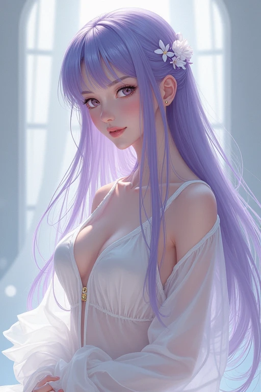 1 girl, long light purple hair, green eyes, wearing cream silk dress, laying among flowers, cleavage, big boobs, flower petals, sunny, no nudity