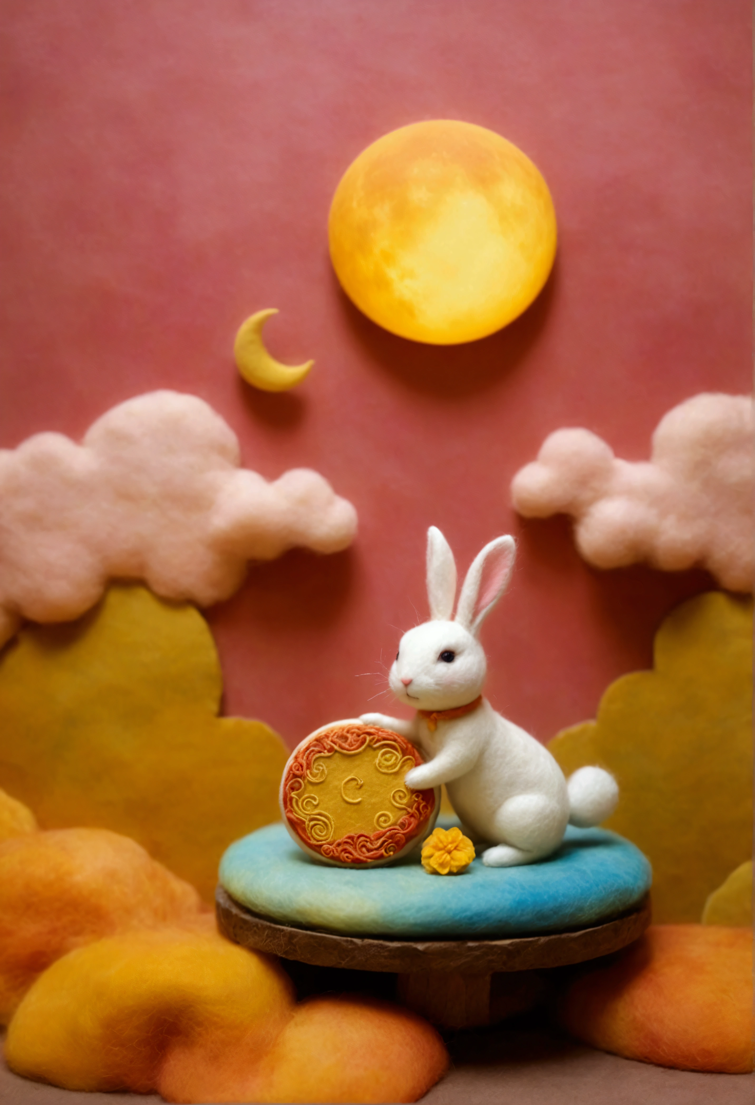 Felt style，Miniature Landscape，A rabbit holding a moon cake on colorful golden clouds，The huge round moon