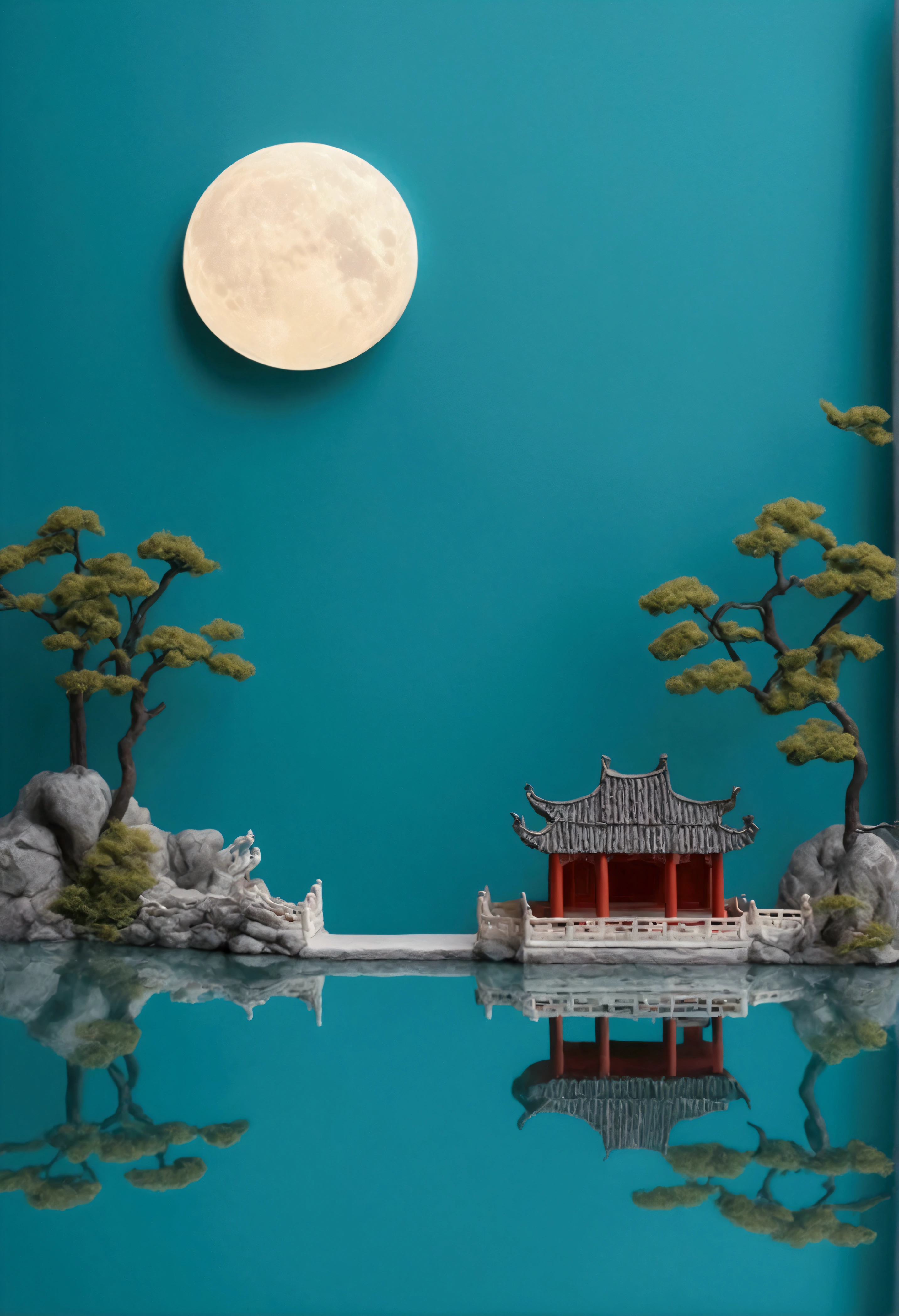 Guanghan Palace，Felt texture，Chinese Mythology，round moon，Traditional Chinese architecture，3D cartoon miniature scene, with a calm water surface background, blue water surface，The moon reflected in the water