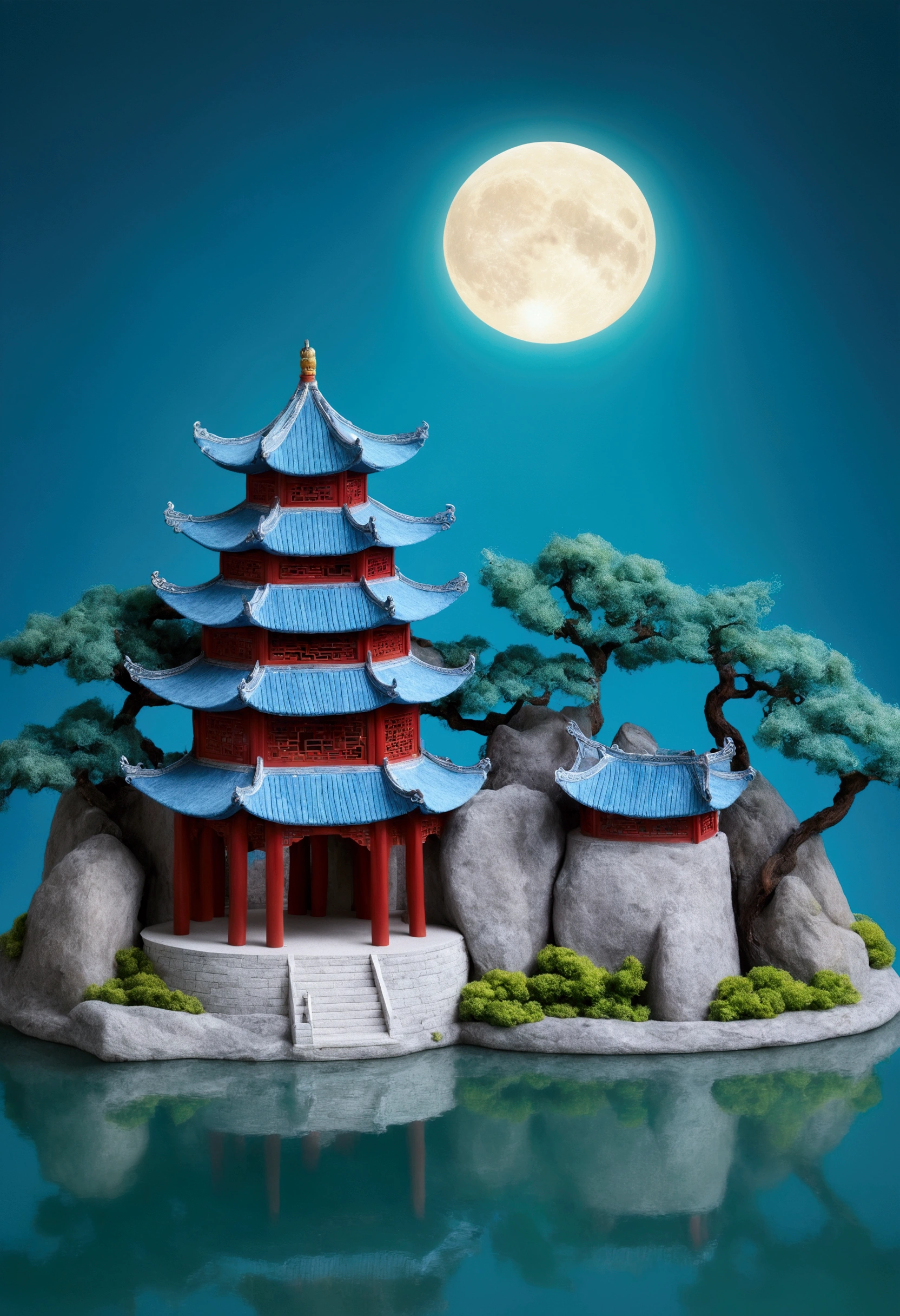 Guanghan Palace，Felt texture，Chinese Mythology，round moon，Traditional Chinese architecture，3D cartoon miniature scene, with a calm water surface background, blue water surface，The moon reflected in the water