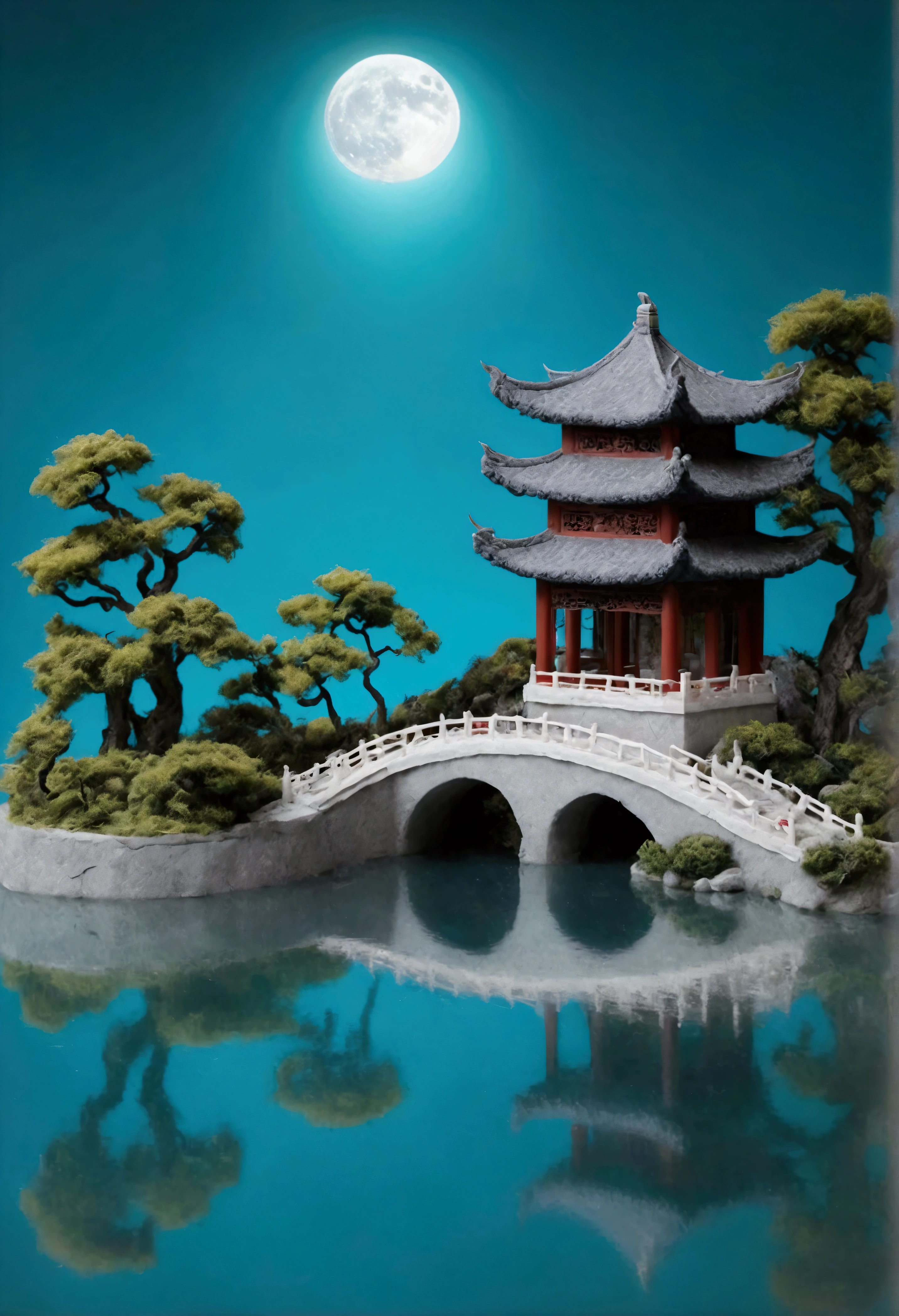 Guanghan Palace，Felt texture，Chinese Mythology，round moon，Traditional Chinese architecture，3D cartoon miniature scene, with a calm water surface background, blue water surface，Miniature Landscape，The moon reflected in the water