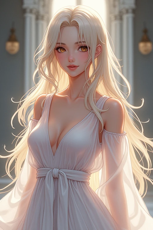 Fox girl, long flowing blonde hair, sexy, classic white dress, fox ears, fox tail, seductive pose, anime