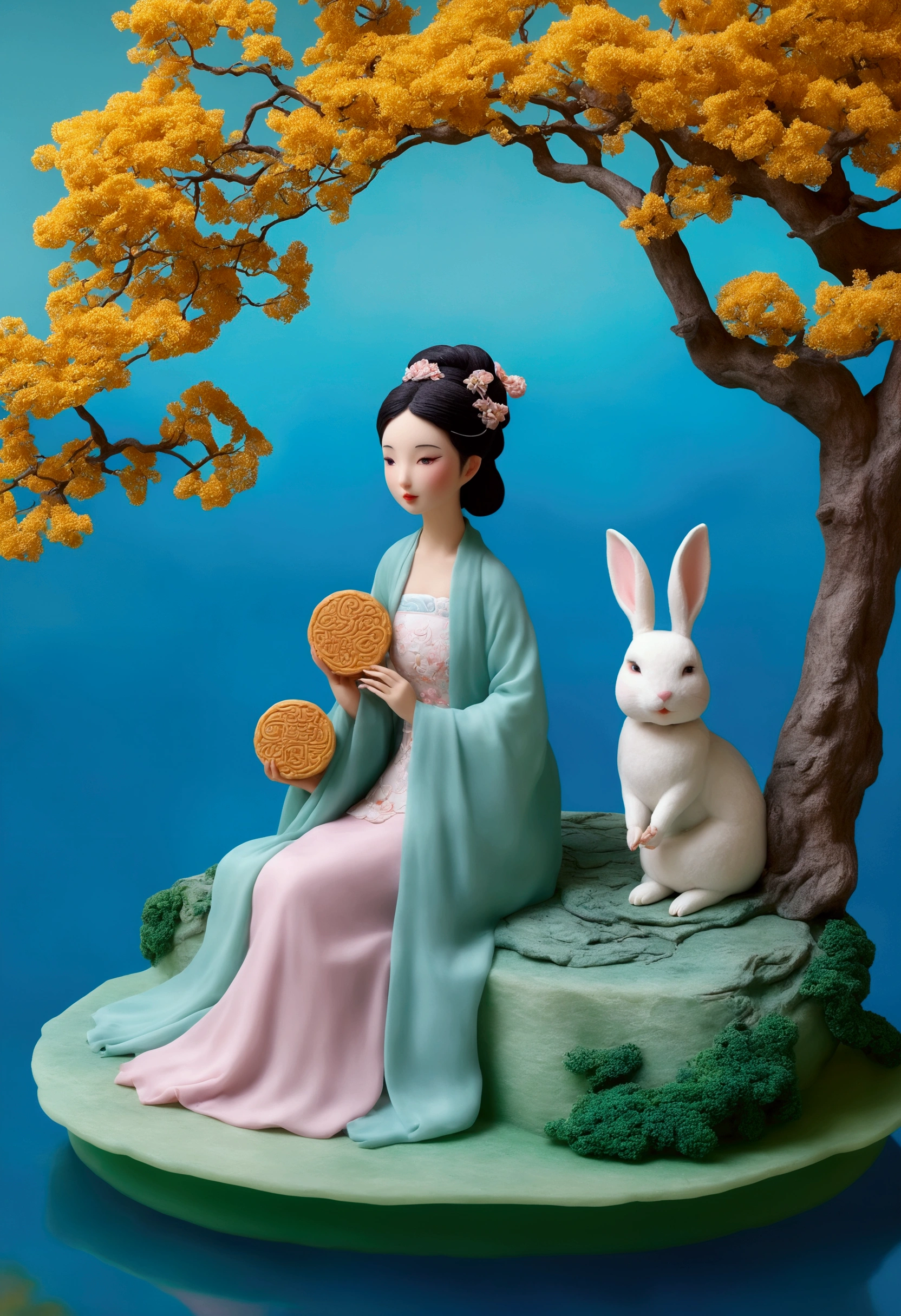 A beautiful woman and a white rabbit sit on a large mooncake, eating osmanthus tree mooncakes together. Behind them is a large pavilion with poster design and exquisite masterpiece. It is an 8K, 3D cartoon miniature scene, with a calm water surface background, blue water surface