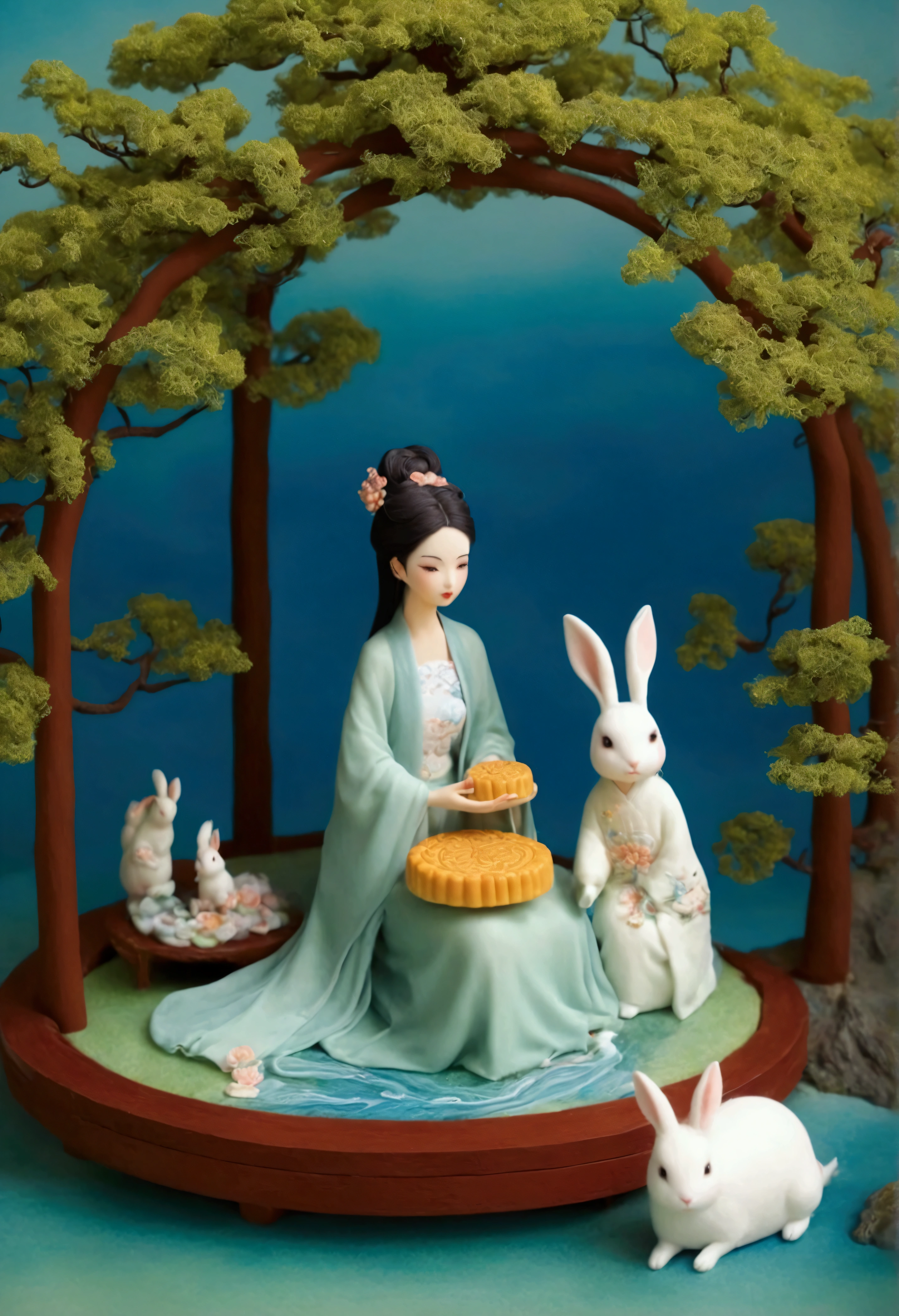 A beautiful woman and a white rabbit sit on a large mooncake, eating osmanthus tree mooncakes together. Behind them is a large pavilion with poster design and exquisite masterpiece. It is an 8K, 3D cartoon miniature scene, with a calm water surface background, blue water surface，Miniature Landscape，Felt texture