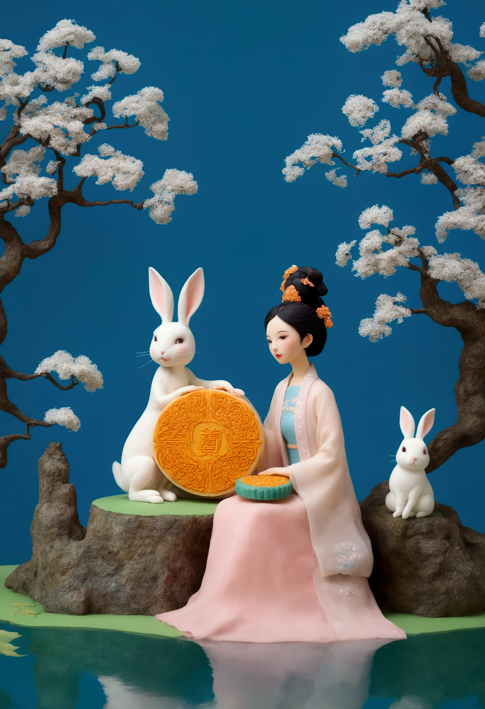 A beautiful woman and a white rabbit sit on a large mooncake, eating osmanthus tree mooncakes together. Behind them is a large pavilion with poster design and exquisite masterpiece. It is an 8K, 3D cartoon miniature scene, with a calm water surface background, blue water surface，Miniature Landscape，Felt texture