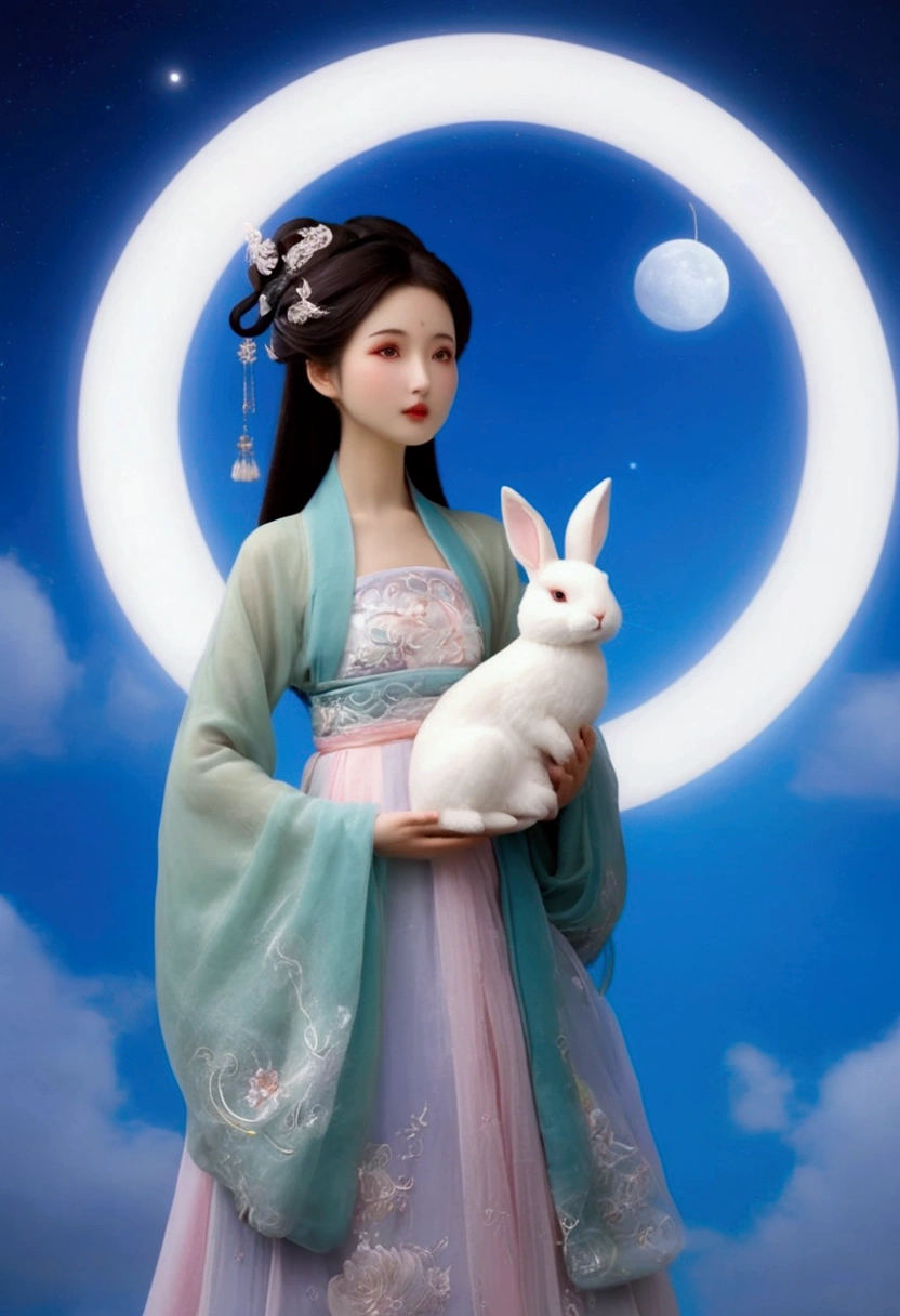 a stunning Chinese beauty dressed in elaborate Hanfu attire. the girl hold a white Rabbit in her arms. background is The round and brigh moon, casting a celestial glow on the scene. The Hanfu dress should be rich in color and detail, exuding a sense of traditional elegance,in the style of dynamic animered threads,romatic,dreamy,utra-realistic,ultra-detailed. best quality, ultra detailed, 8K