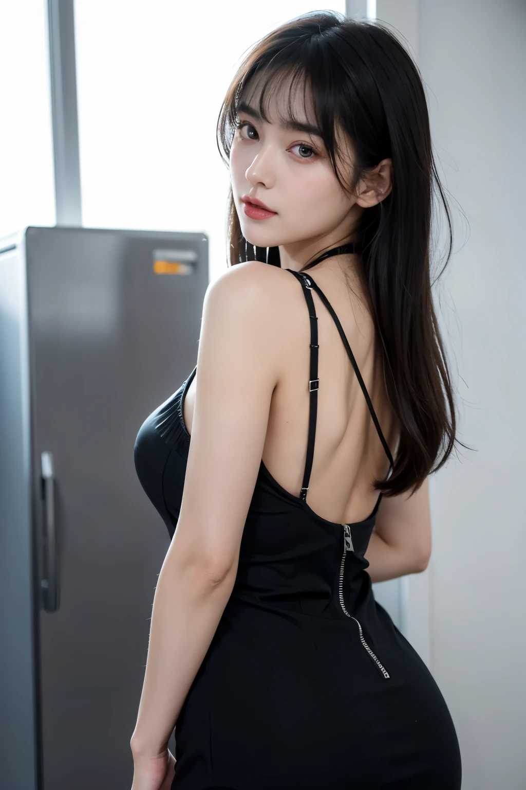 (highest quality),masterpiece,Super detailed,8K, UHD,Beautiful woman,japanese woman,No expression,whole body,((tattoo)),slim,black slacks,white tank top,(female mafia),gangster,(cyberpunk city),night,cinematic lightening,underworld