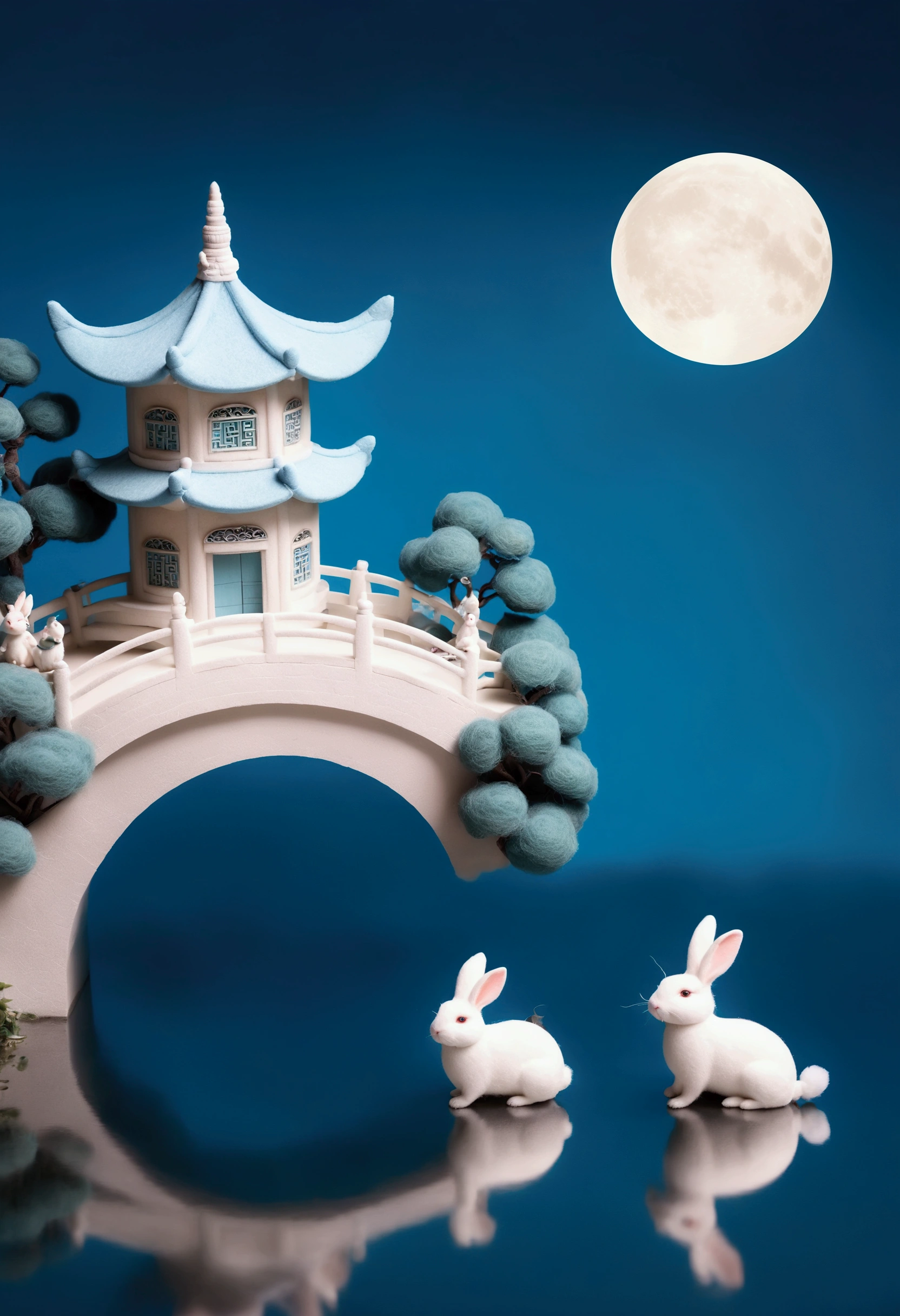 Guanghan Palace，Felt texture，Chinese Mythology，round moon，Traditional Chinese architecture，3D cartoon miniature scene, with a calm water surface background, blue water surface，The moon reflected in the water，A white rabbit