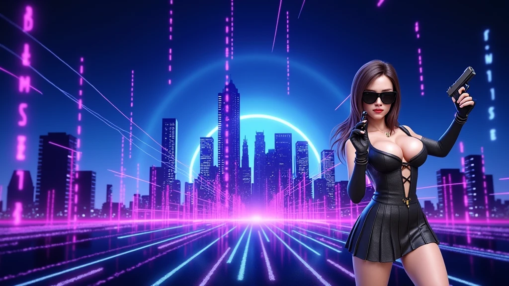 A futuristic cityscapes with colorful all-glass towering skyscrapers, sleek aerodynamic vehicles speeding through the air, rainbow colors waterfalls. High-resolution OLED GUI interfaces in the building, The windows are filled with transparent data visualization infographics that show it all, from weather patterns to traffic flow, Matrix cascading code. Colors are saturated and vibrant. At night, (1girl, solo), photo realistic, medium-breast:1.3 slim body, cleavage, sling top, miniskirt, (matrix style black sunglasses, holding a short gun), half-body thigh level medium shot, cinematic lighting, ray tracing.