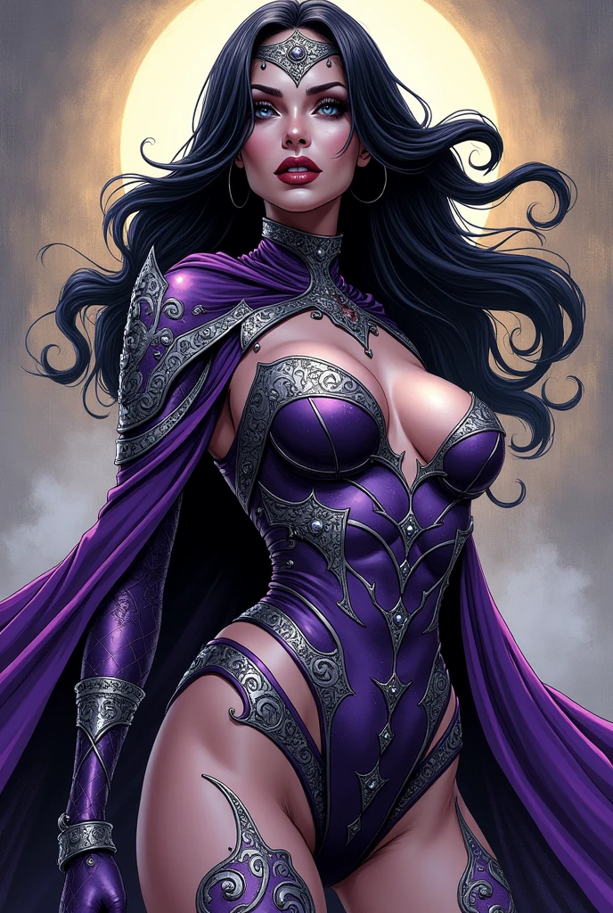 (masterpiece, top quality, best quality, official art, beautiful and aesthetic:1.2), (1girl:1.3), ((long (black) hair)), (((pale purple skin, pale blue skin, blue skin, purple skin))), black makeup, extremely detailed, portrait, looking at viewer, solo, (full body:0.6), detailed background, close up, (cold night mountain theme:1.1), dark elf war dancer, charlatan, smirk, mysterious, swaying in mountains, skimpy attire, revealing gladiatrix costume, gold bikini, cowl, metal bikini, long boots, dual knives, violet fabric, black leather, gigantic breasts, cleavage, skindentation, slim waist, slim hips, long legs, medieval (mountain exterior:1.1) background, dark mysterious lighting, shadows, magical atmosphere, dutch angle, (((Balsamique)))