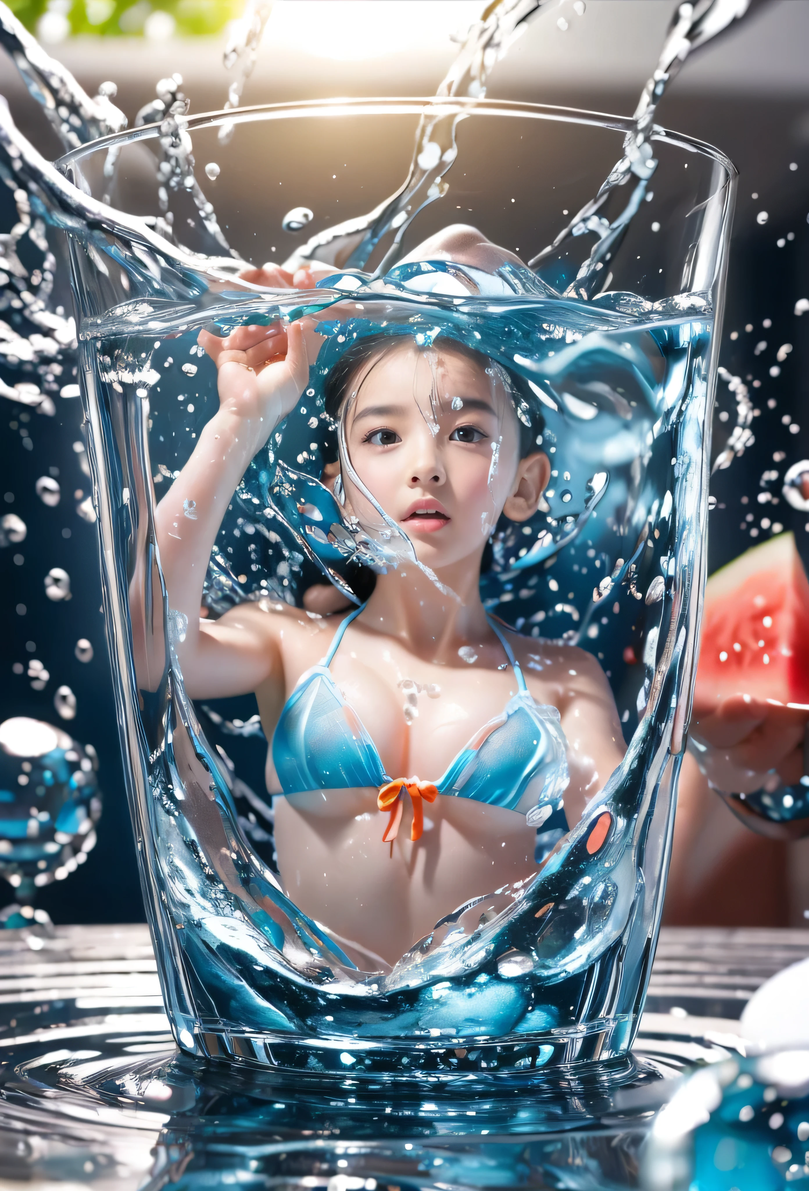 A stunning a ((Intricately Detailed photo)),((Ultra-realistic最high quality)),((photorealistic)),(sharp focus),(highest resolution),((the most absurd quality)),(masterpiece), Official artwork, beautiful deep glass cup, carefully captured, ((filled with colorful liquids with bubbles and foam:1.4)), excellent dynamic composition, professional camera work: 1.4,(Increase quality:1.3), (best quality real texture skin:1.35),(perfect proportions),(anatomically correct),(perfect female body),(slim-muscled body:1.13),(Super beautiful face),(realistic face),(highly detailed face), ((dressed in a colorful foam:1.35 a: Intricately Detailed:1.34)), ((spread her legs)), long hair, FerryBase, thighhighs, bare shoulders, cold is felt, and water vapor begins to form on the outside of the glass, ((floating in the air)), Detailed reflections dance on the surface of the crystal clear drink, creating an expansive and minimalist backdrop that catches the eye. Dim ambient lighting adds to the air of mystery, promising that tomorrow's sunrise will cast a warm, inviting glow on the stage. (glass), (vodka), (floats), (condensation),