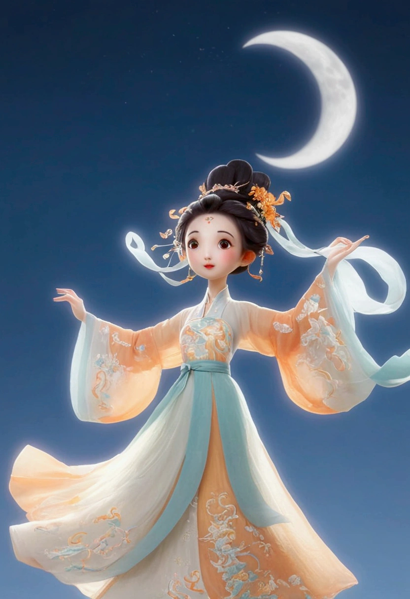 full-body,3D rendering, C4D, cartoon illustration style, cute,big eyes,Dancing in the air,Look at the screen,a  in ancient Chinese-style costume, wearing an orange and white long dress with a phoenix pattern on the sleeves,Dancing in the sky under the moon,Skirts and ribbons are flowing gracefully ,Two white rabbits are watching the moon from the osmanthus tree, and osmanthus flowers are hanging all over the branches of the tree