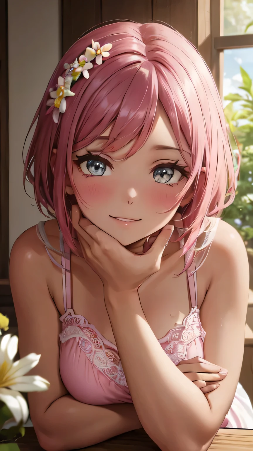 blush, smile,glowing aura, natural light, masterpiece, glossy skin, juicy lips , ,sexy, hot, evil,juicy lips hour glass, , juicy lips, , slender body, small , huge ass, pink hair, short pink hair,looking up, smile, ultra detailed , , ((wavey hair)), blue eyes, selfie, short hair, freckles, fang