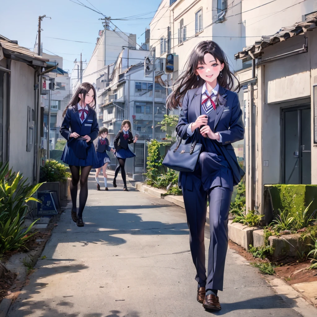 nsfw, (8k、Best image quality、Highest quality、masterpiece)、Detailed face、Detailed Background, Improve、Five beautiful 1 women, flat c背が高い, (Matching school uniform and slacks:1.3), Earrings, (grin), Walking on the way to school, Dynamic Angles, full body, (erection under cloth:1.2)