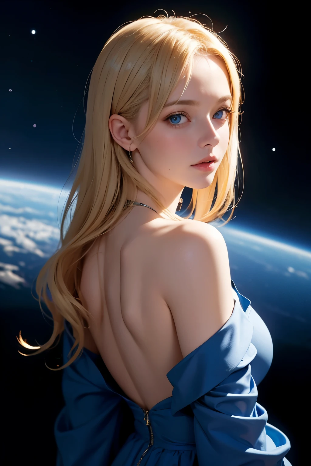 A blonde girl frolicking naked under the night sky with many shooting stars、blue eyes、twin tails、