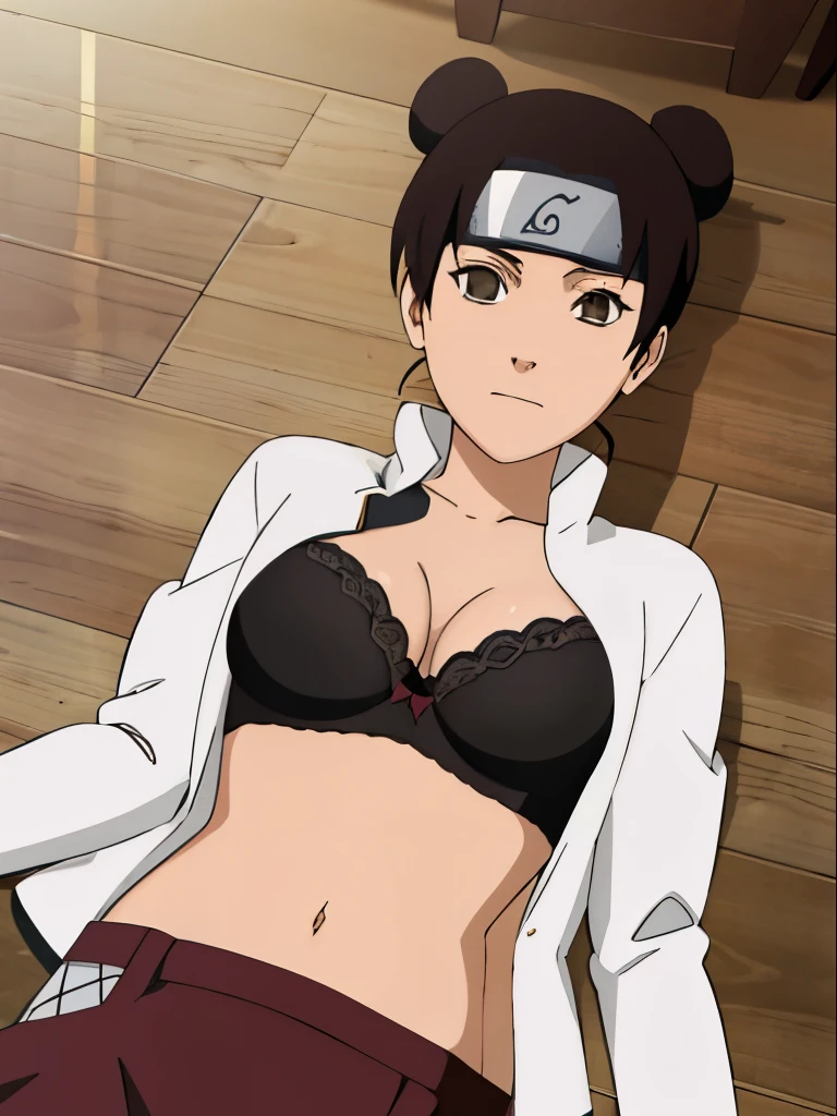 masterpiece, focus,tenten\(shippuden\), 1girl, lying on the floor open shirt showing bra wearing bandana