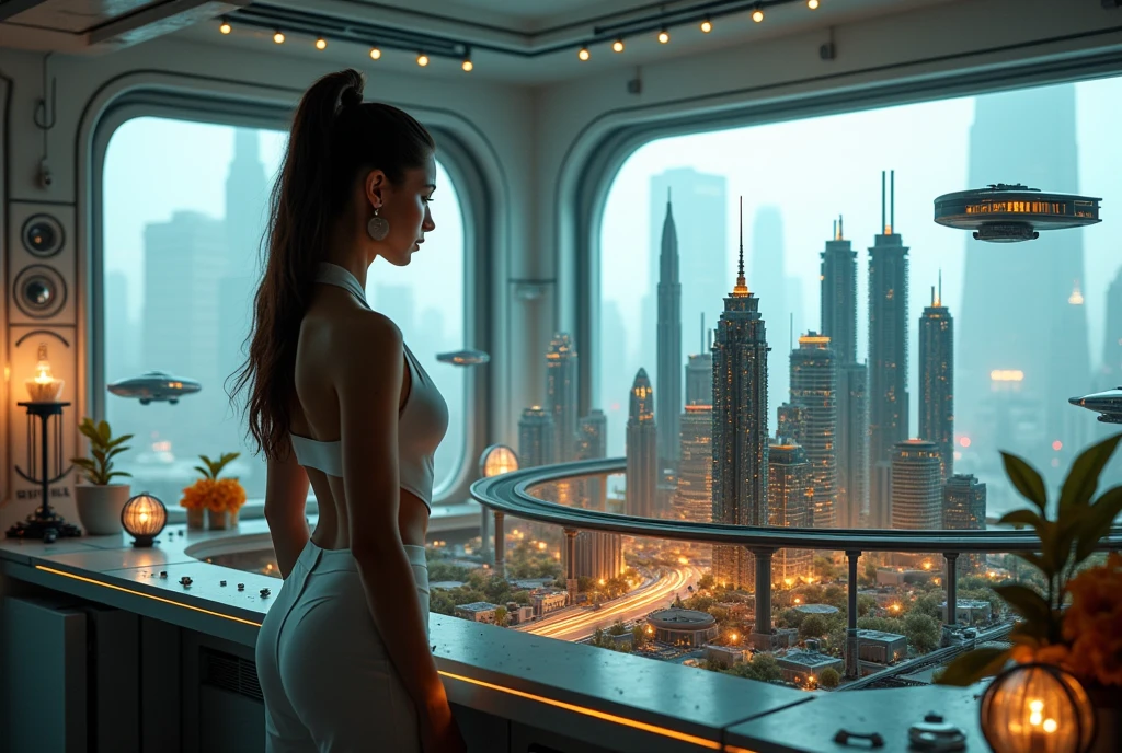a GIRL with black sunglasses, a balcony of a futuristic building, aerial view of an ultra-futuristic megalopolis, many metal buildings and houses in dark colors from dark blue to black, a cidade tem tons de cinza metal, has smoky metal structures , industrial environment with smoke and fog around, carros escuros nas ruas, desert megalopolis, trilhos e trens modernos de de metal passando estre as ruas da cidade, tall futuristic metal buildings, many ultra modern buildings around, realistic, detailed, Science fiction
