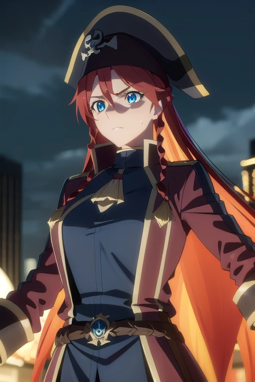 selesiaupitiria, selesia upitiria, long hair, blue eyes, braid, red hair, multicolored hair, twin braids, two-tone hair, big breasts, muscular body, blush, sweat, parted lips,
(black pirate long-coat uniform), long-sleeves, (red ascot), epaulettes, (black wide-brim pirate hat), black hat,
outdoor, city, night, sky, buildings, moon, clouds, (very dark),
looking at viewer, facing the viewer, (close-up),
(masterpiece:1.2), best quality, high resolution, unity 8k wallpaper, (illustration:0.8), (beautiful detailed eyes:1.6), extremely detailed face, perfect lighting, extremely detailed CG, (perfect hands, perfect anatomy)