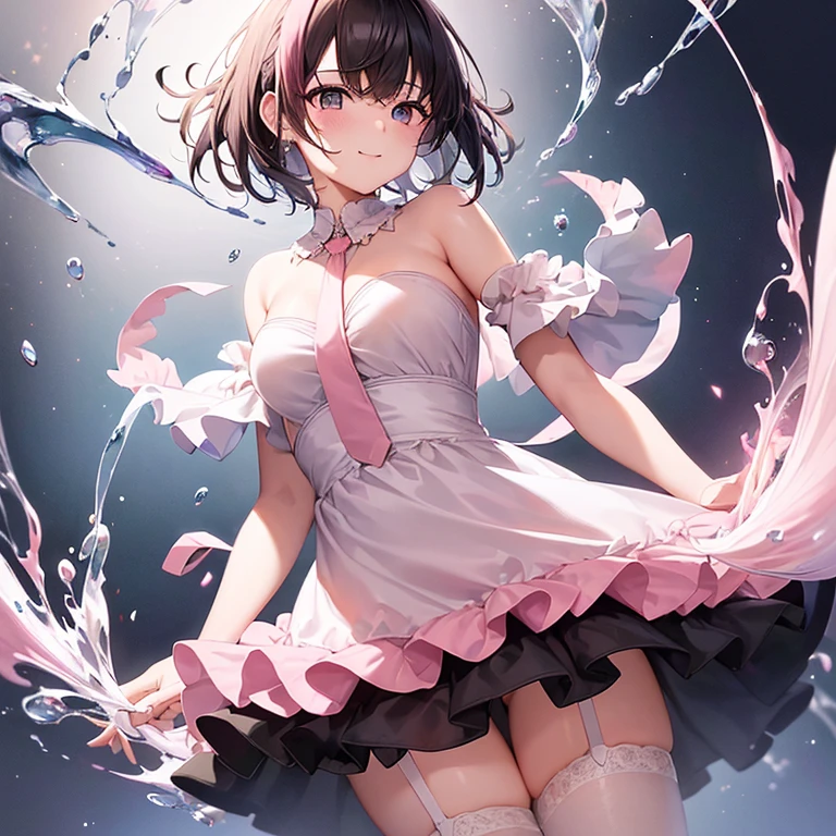 One Girl、My name is Mei、Gazing at the audience。 outside、野outsideコンサート、屋outsideコンサート、heavy rain、Soaking wet and see-through outfit、(outside、heavy rain、heavy rainでびしょ濡れの野outsideコンサート、The costume is see-through)、Beautiful Blue Eyes、Black Hair、Pink striped hair、bangs、Shoulder-length hair、Mole under the eye、Plump and glossy lips、Heart-shaped choker、Idol、smile、heavy rainでびしょ濡れになっている、野outsideステージ、ー、。。。。。。。。。。。。。。。。。。。。。。。。。。。。。。。。3D、Real、 dance team uniform, masterpiece、Highest quality、8k、Detailed skin texture、Detailed cloth texture、Beautifully detailed face、Intricate details、Very detailed、 Ultra-high resolution、8K Ultra HD、Film Grain、Best Shadow、delicate、Gazing at the audience、front