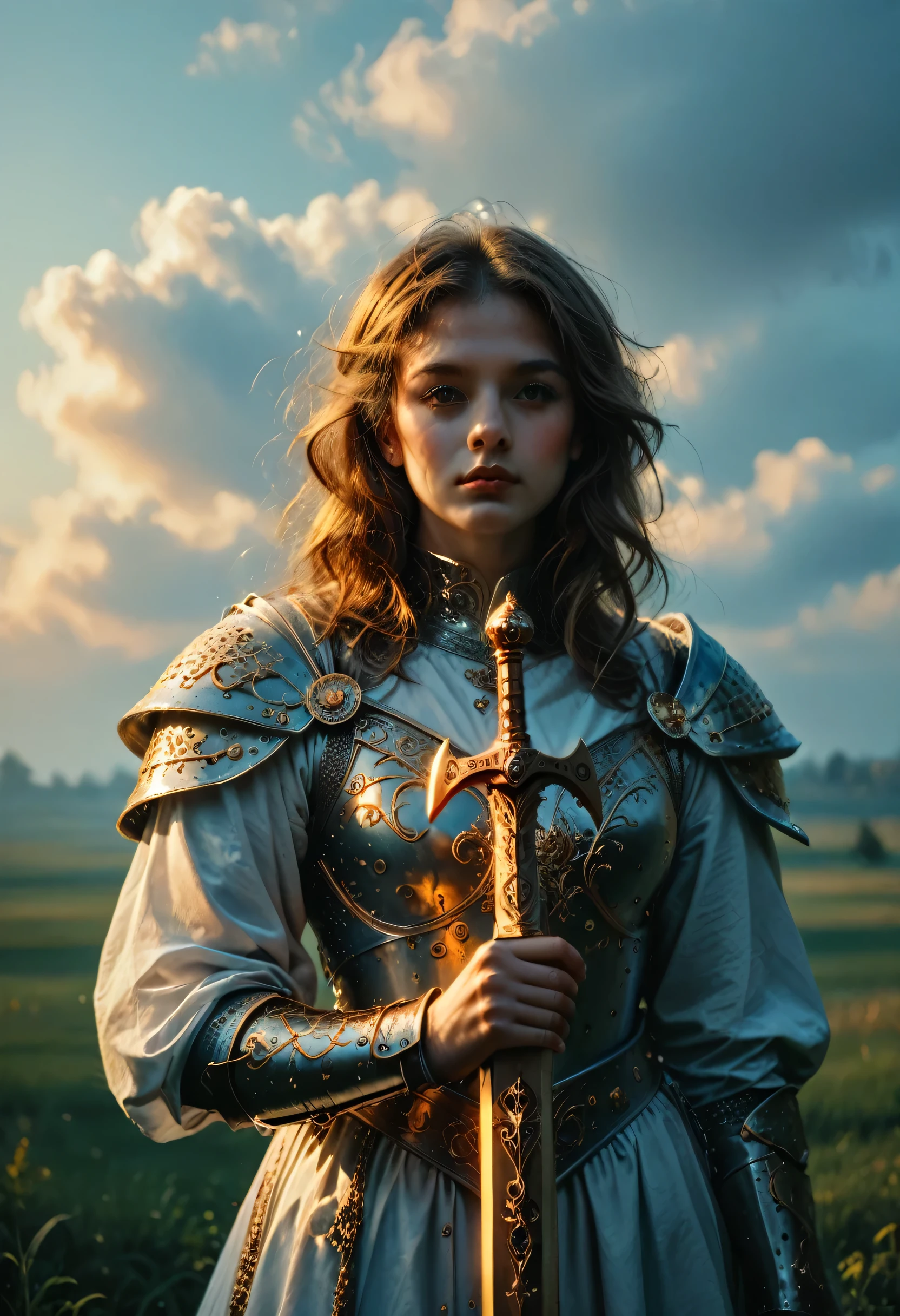 a knight girl, 1girl, beautiful detailed eyes, beautiful detailed lips, extremely detailed face and eyes, long eyelashes, medieval knight armor, golden accents, highly detailed, intricate ornate armor, holding sword, cinematic dramatic lighting, epic fantasy scenery, dramatic moody cloudy sky, vibrant colors, cinematic composition, photorealistic, hyper detailed, masterpiece, (best quality, 8k, highres, masterpiece:1.2), ultra-detailed, (realistic, photorealistic, photo-realistic:1.37), cinematic dramatic lighting, dramatic moody cloudy sky, vibrant colors, cinematic composition