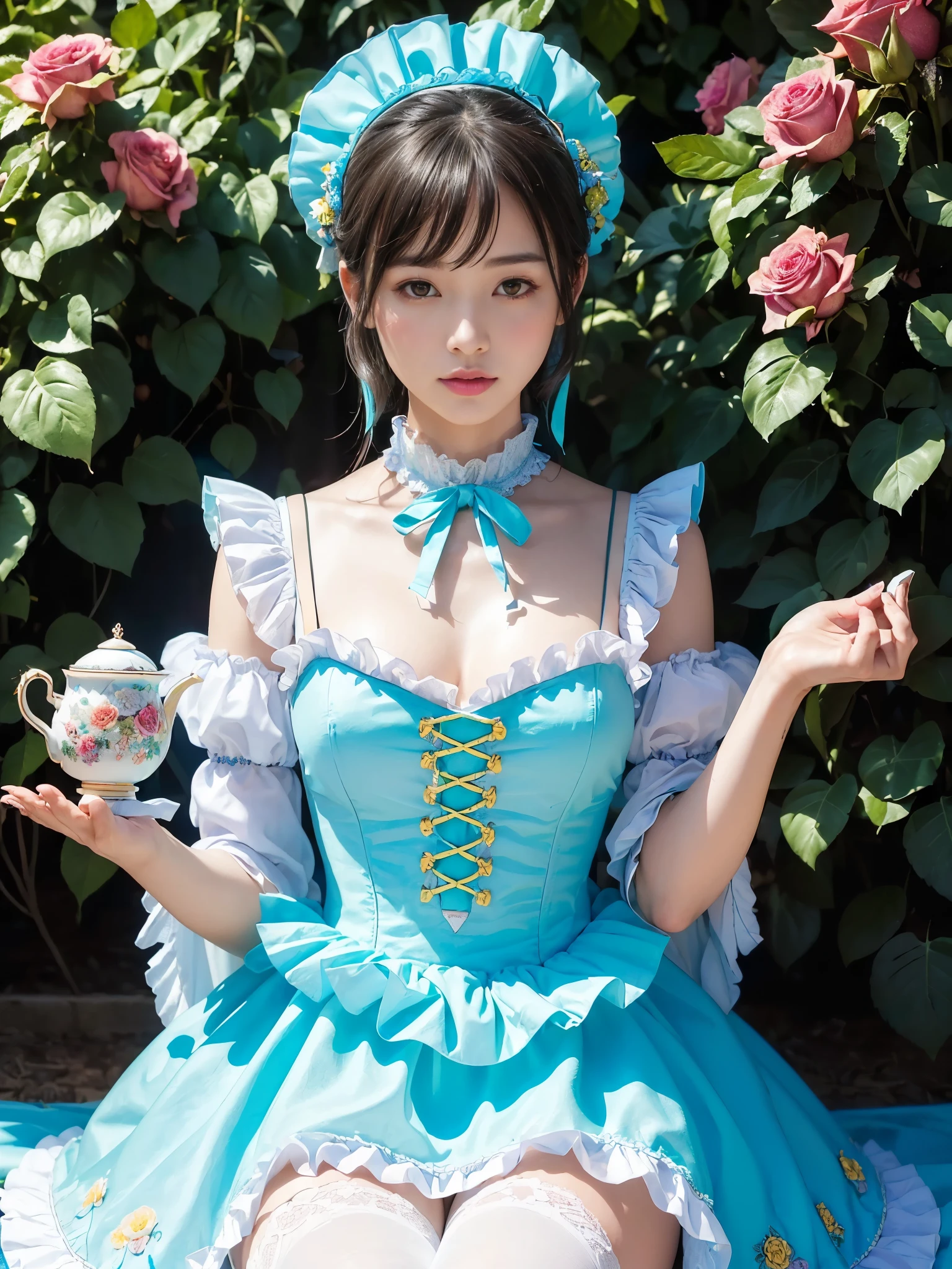 (masterpiece、top-quality、top-quality、Official art、Beautifully Aesthetic:1.2)、(One girl:1.3)、A highly detailed、(Fractal Art:1.1)、(colourfull:1.1), (florals:1.3)、The most detailed、(Zentangle:1.2)、full body Esbian、(Blue sky and rose garden:1.3)、(shinny skin)、(Many colors:1.4), (pluma:1.5)、masterpiece、top-quality、top-quality、Official art、Beautifully Aesthetic:1.2)、(1girl in)、ighly detailed、(Fractal Art:1.3)、colourfull、highestdetailed、long、A dark-haired、big eye、Women in Japan、(Ruffle frills, extremely detailed Chiffon Lace Ribbon Suspenders, (turquoise blue and yellow Stripe Design Pastel Coloring extremely detailed dress),extremely detailed Big Ribbon Headband, extremely detailed Open Colorborn, extremely detailed puff sleeves, extremely detailed Tied thin ribbon corset, extremely detailed Balloon skirt, extremely detailed White Net Tights, Colorful star-shaped bead accessories)、Cute table、Drinking tea、Tea、teapot、macaroons, You can see the castle behind