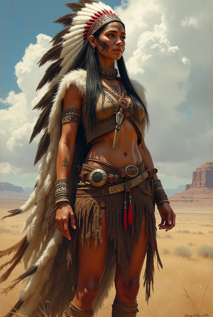 girl,teen,native indian,bow and arrows,spear,naked,small breasts,red hair, tribal tatoos
