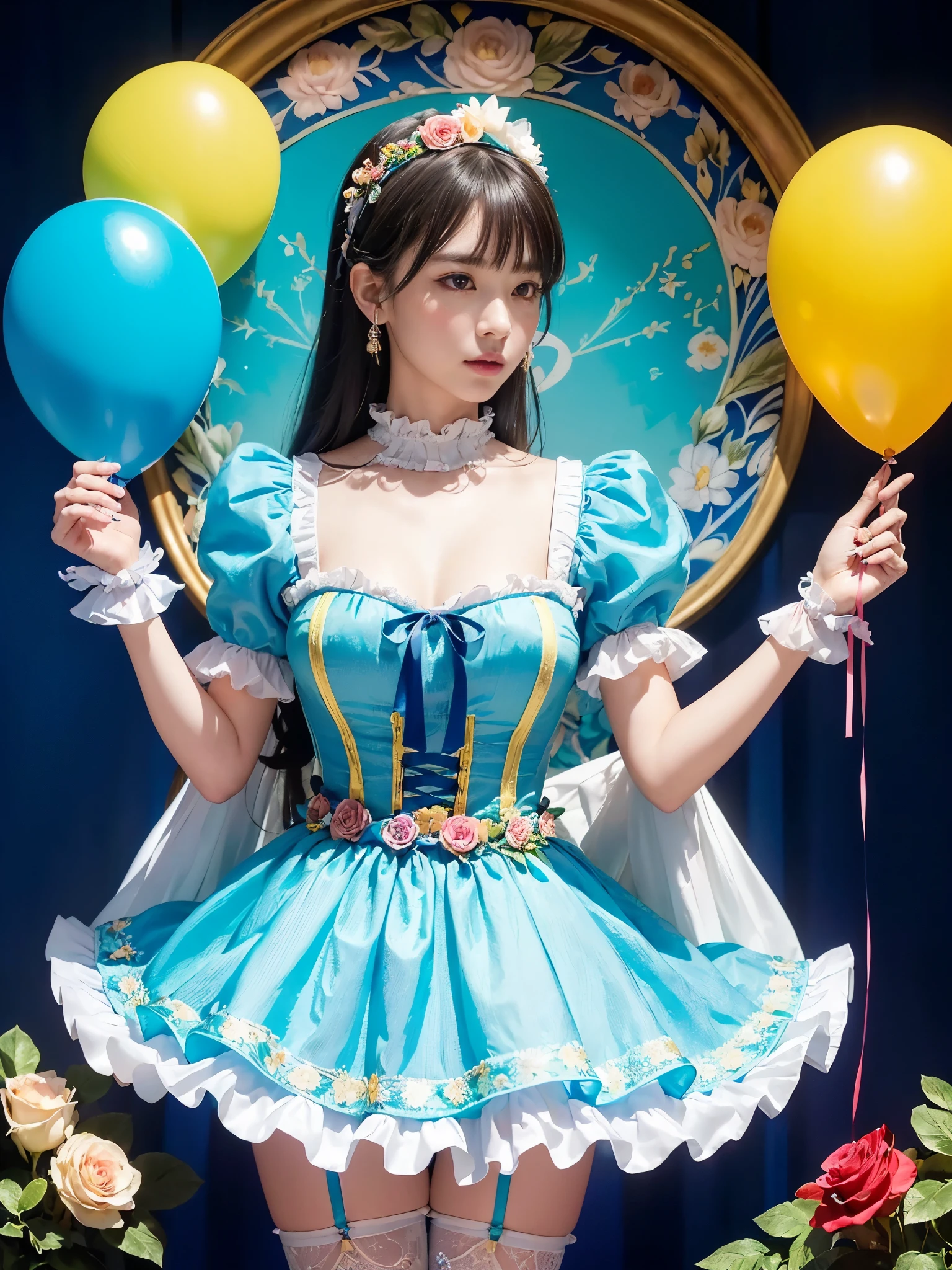 (masterpiece、top-quality、top-quality、Official art、Beautifully Aesthetic:1.2)、(One girl:1.3)、A highly detailed、(Fractal Art:1.1)、(colourfull:1.1), (florals:1.3)、The most detailed、(Zentangle:1.2)、full body Esbian、(Blue sky and rose garden:1.3)、(shinny skin)、(Many colors:1.4), (pluma:1.5)、masterpiece、top-quality、top-quality、Official art、Beautifully Aesthetic:1.2)、(1girl in)、ighly detailed、(Fractal Art:1.3)、colourfull、highestdetailed、long、A dark-haired、big eye、Women in Japan、(Ruffle frills, extremely detailed Chiffon Lace Ribbon Suspenders, (turquoise blue and yellow Stripe Design Pastel Coloring extremely detailed dress),extremely detailed Big Ribbon Headband, extremely detailed Open Colorborn, extremely detailed puff sleeves, extremely detailed Tied thin ribbon corset, extremely detailed Balloon skirt, extremely detailed White Net Tights, Colorful star-shaped bead accessories)、Cute table、Drinking tea、Tea、teapot、macaroons, You can see the castle behind